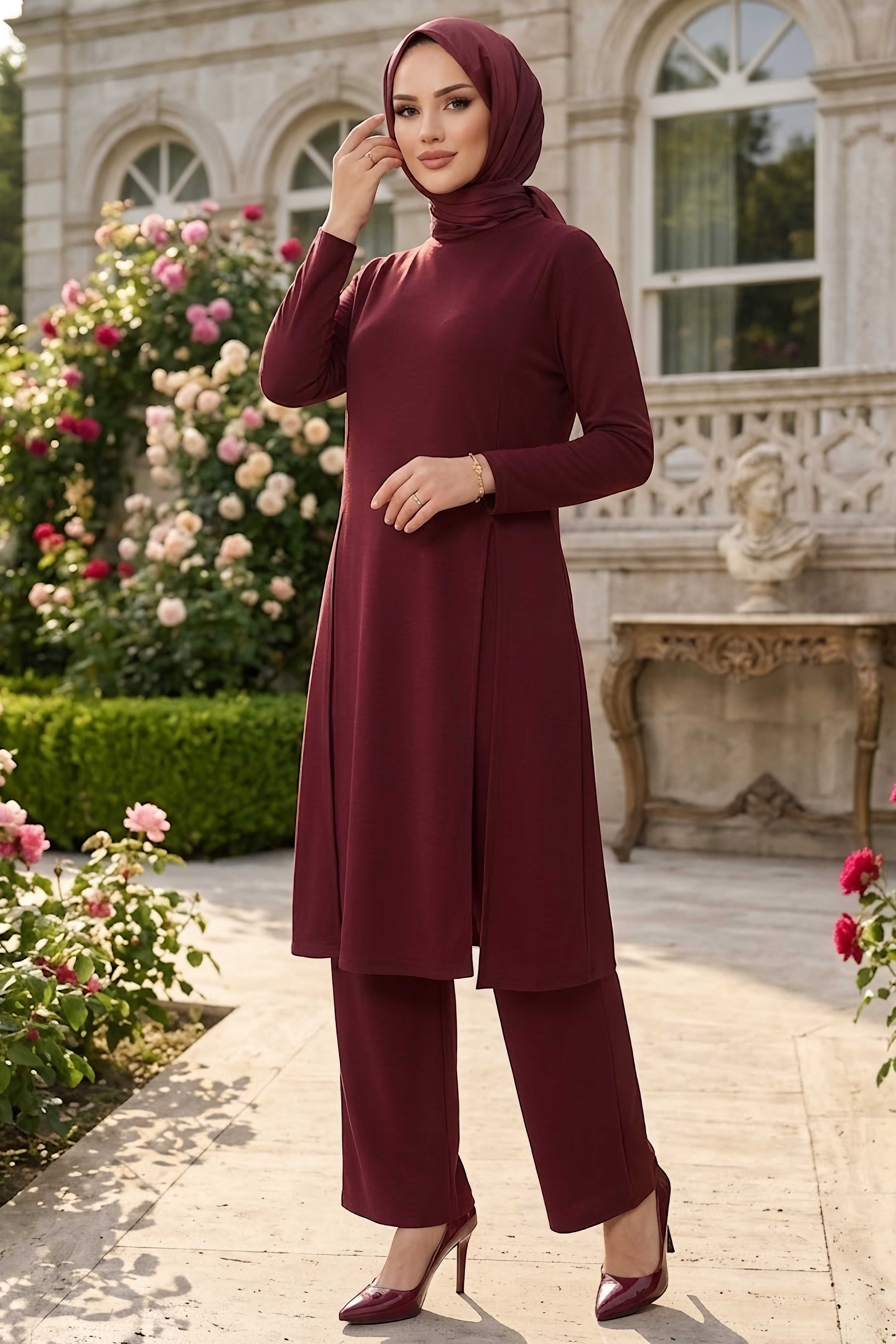 Yanları Yırtmaç Detaylı Modal İkili Takım Bordo - 28863-BORDO - 1