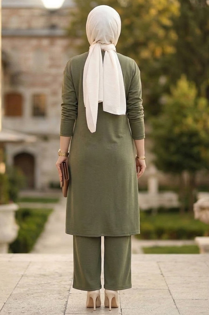 Yanları Yırtmaç Detaylı Modal İkili Takım Haki - 28863-HAKI - 4