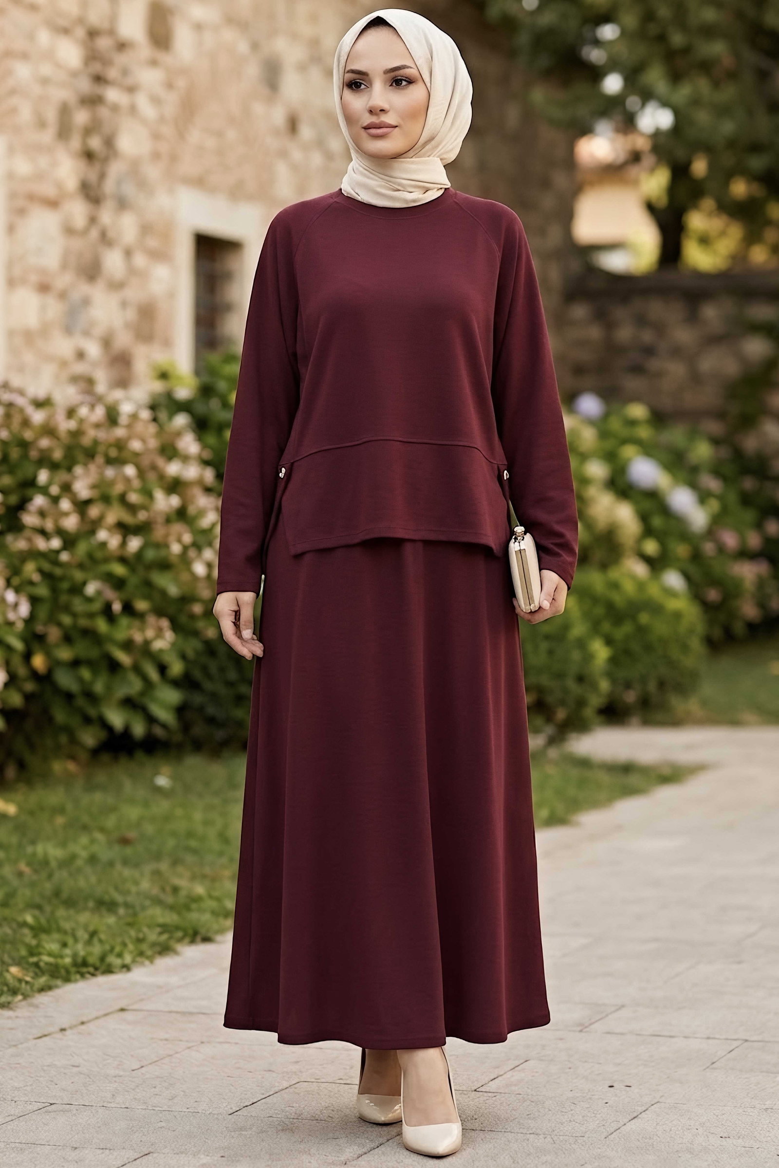 Yanları Yırtmaç Düğme Detaylı Oysh Modal Takım Bordo - CK1356-BORDO - 2