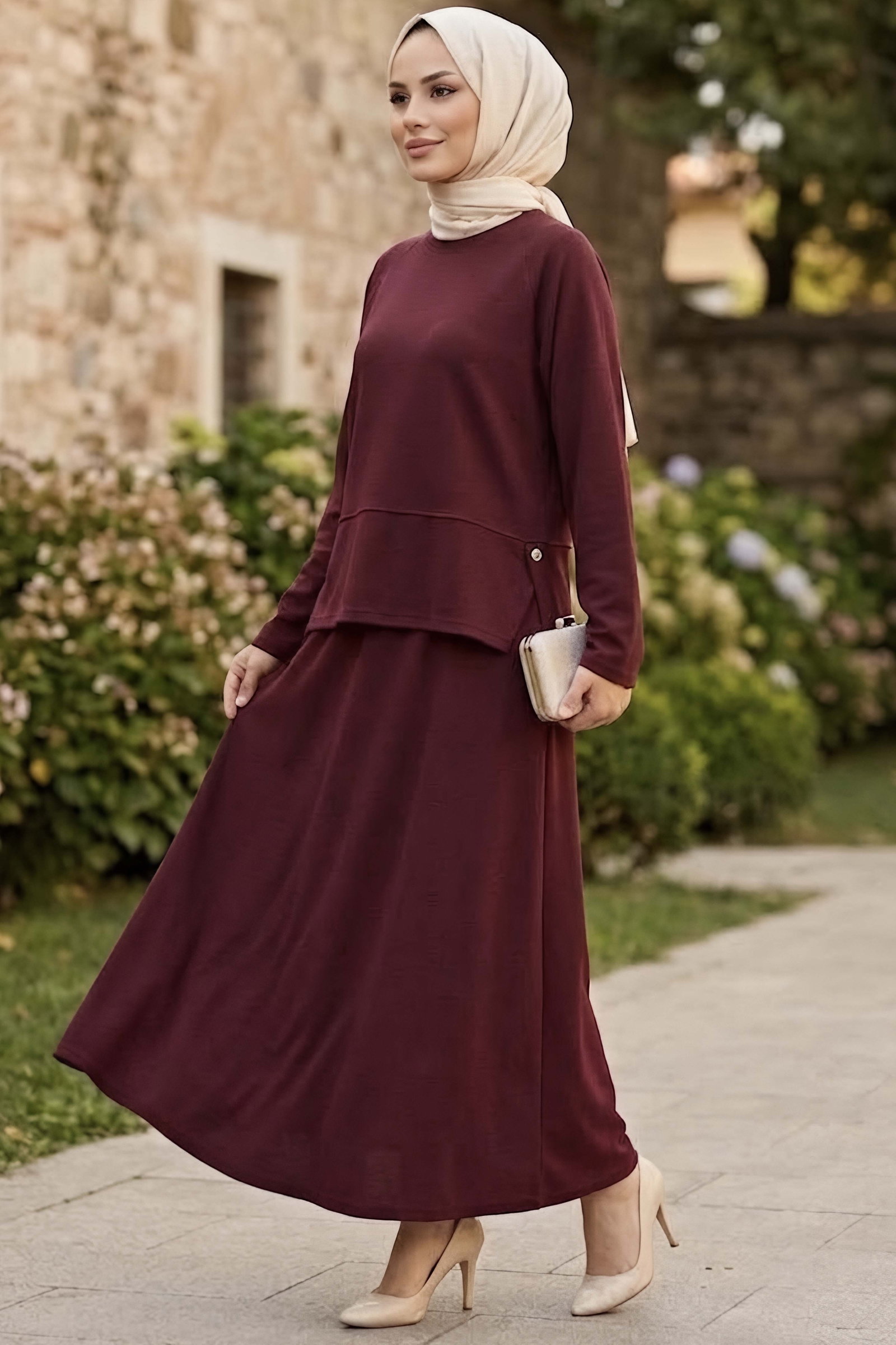 Yanları Yırtmaç Düğme Detaylı Oysh Modal Takım Bordo - CK1356-BORDO - 1