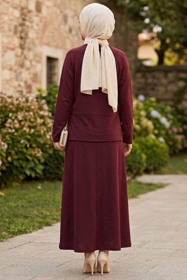 Yanları Yırtmaç Düğme Detaylı Oysh Modal Takım Bordo - CK1356-BORDO - 3