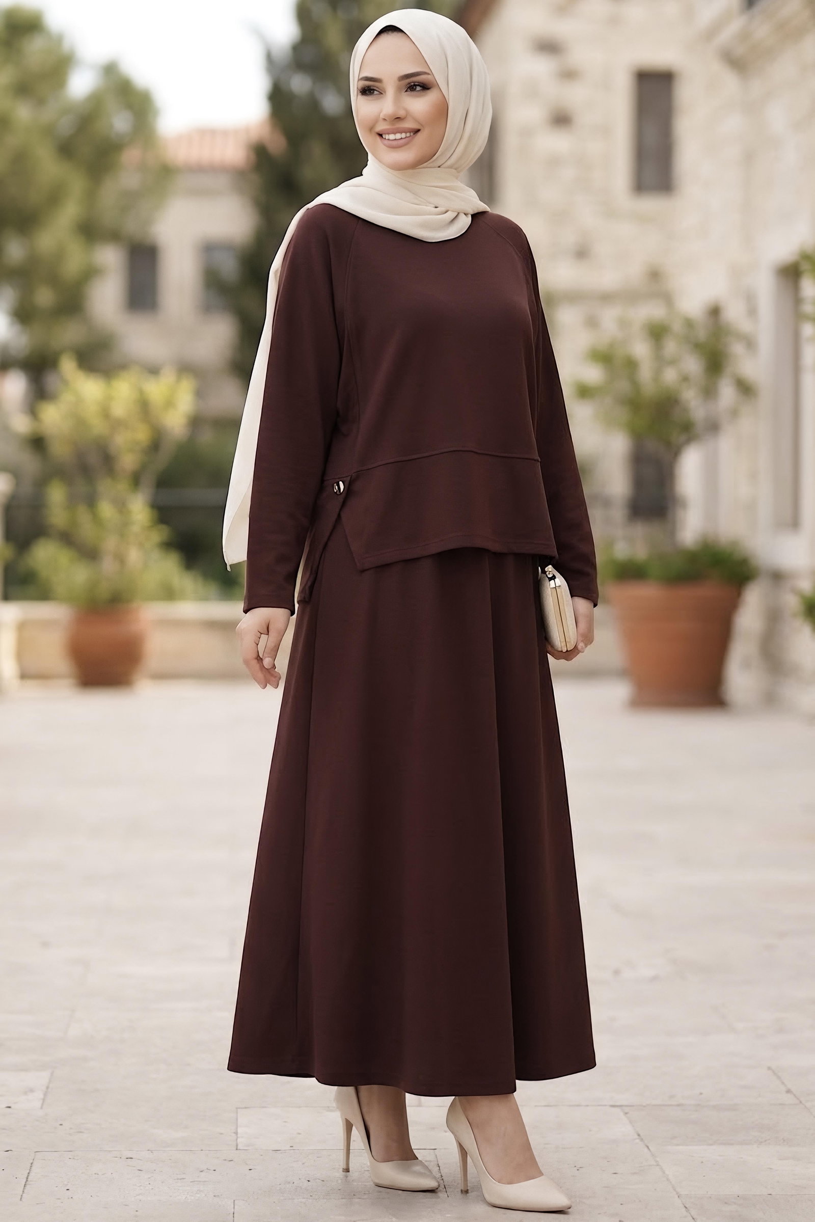 Yanları Yırtmaç Düğme Detaylı Oysh Modal Takım Kahve - CK1356-KAHVE - 1