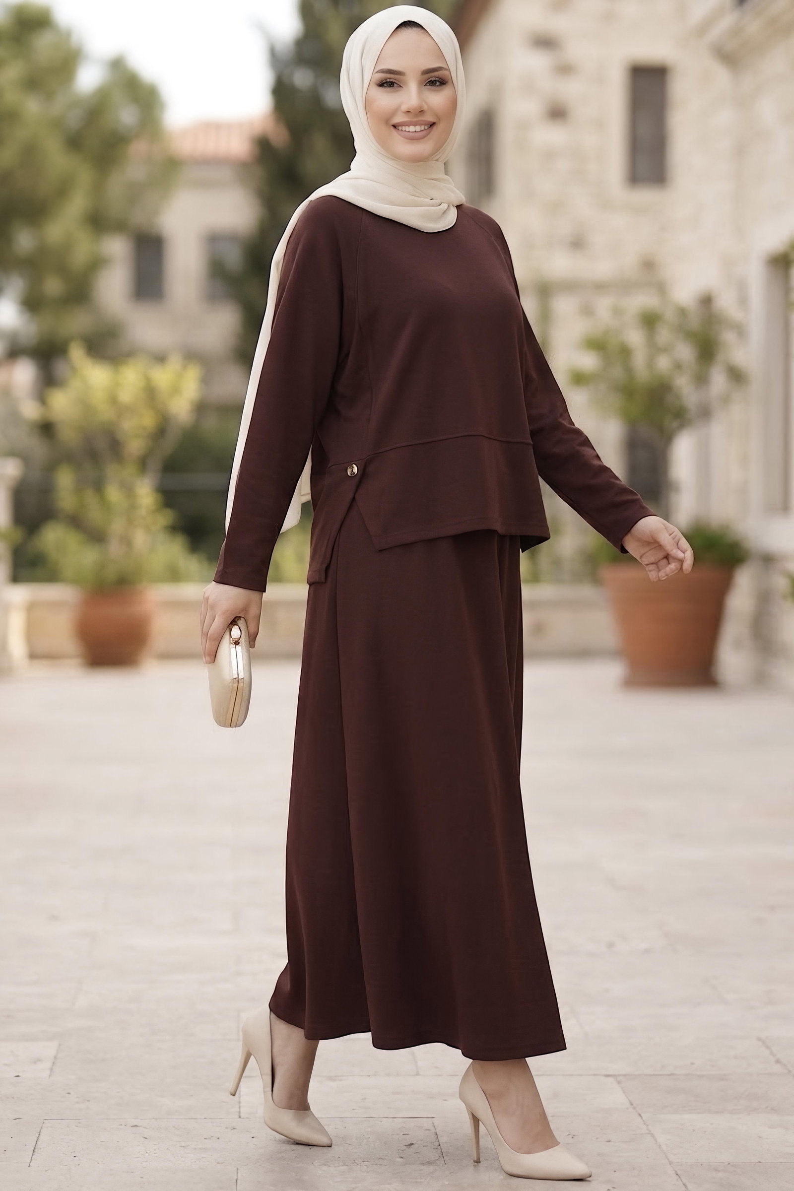 Yanları Yırtmaç Düğme Detaylı Oysh Modal Takım Kahve - CK1356-KAHVE - 2