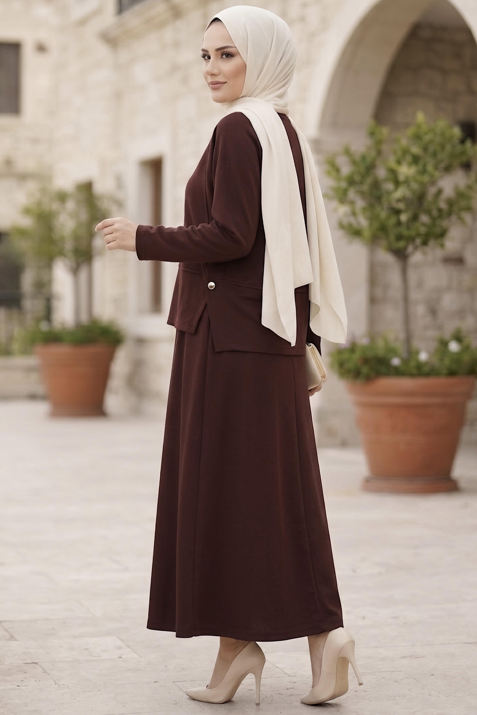 Yanları Yırtmaç Düğme Detaylı Oysh Modal Takım Kahve - CK1356-KAHVE - 3