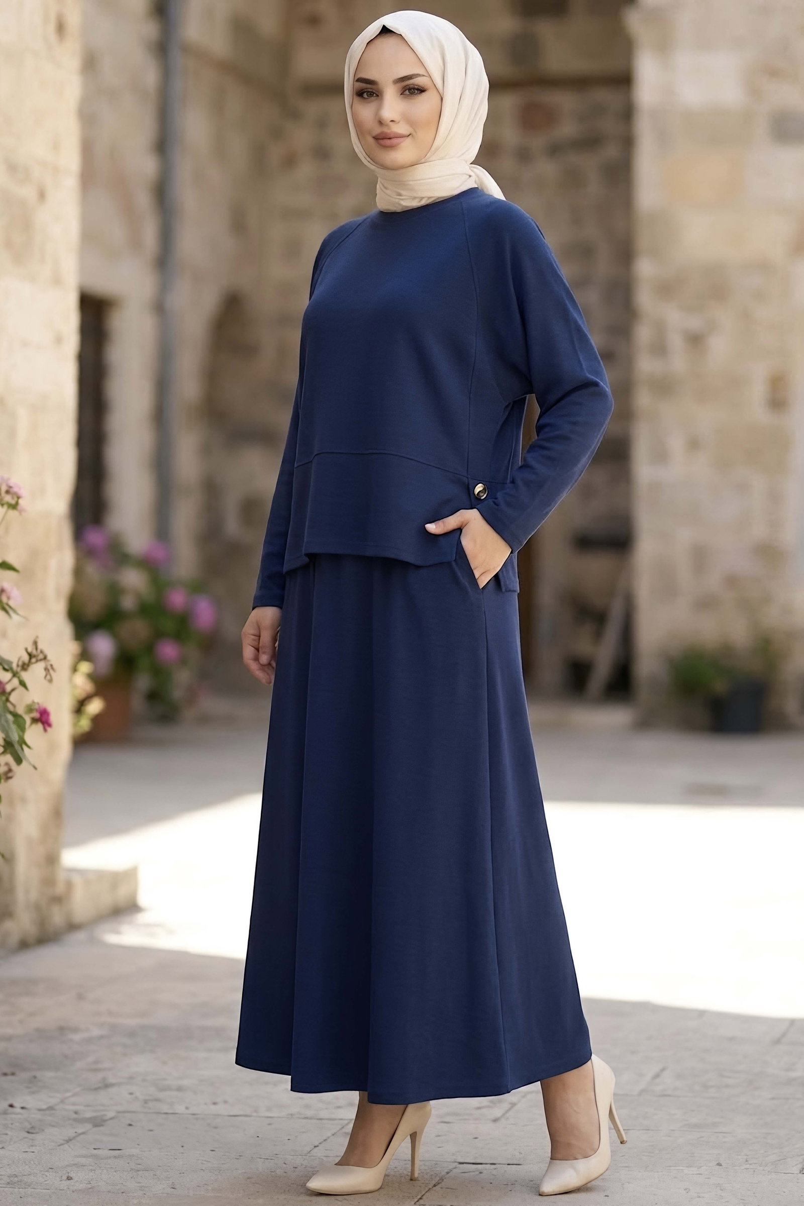 Yanları Yırtmaç Düğme Detaylı Oysh Modal Takım Lacivert - CK1356-LACIVERT - 1
