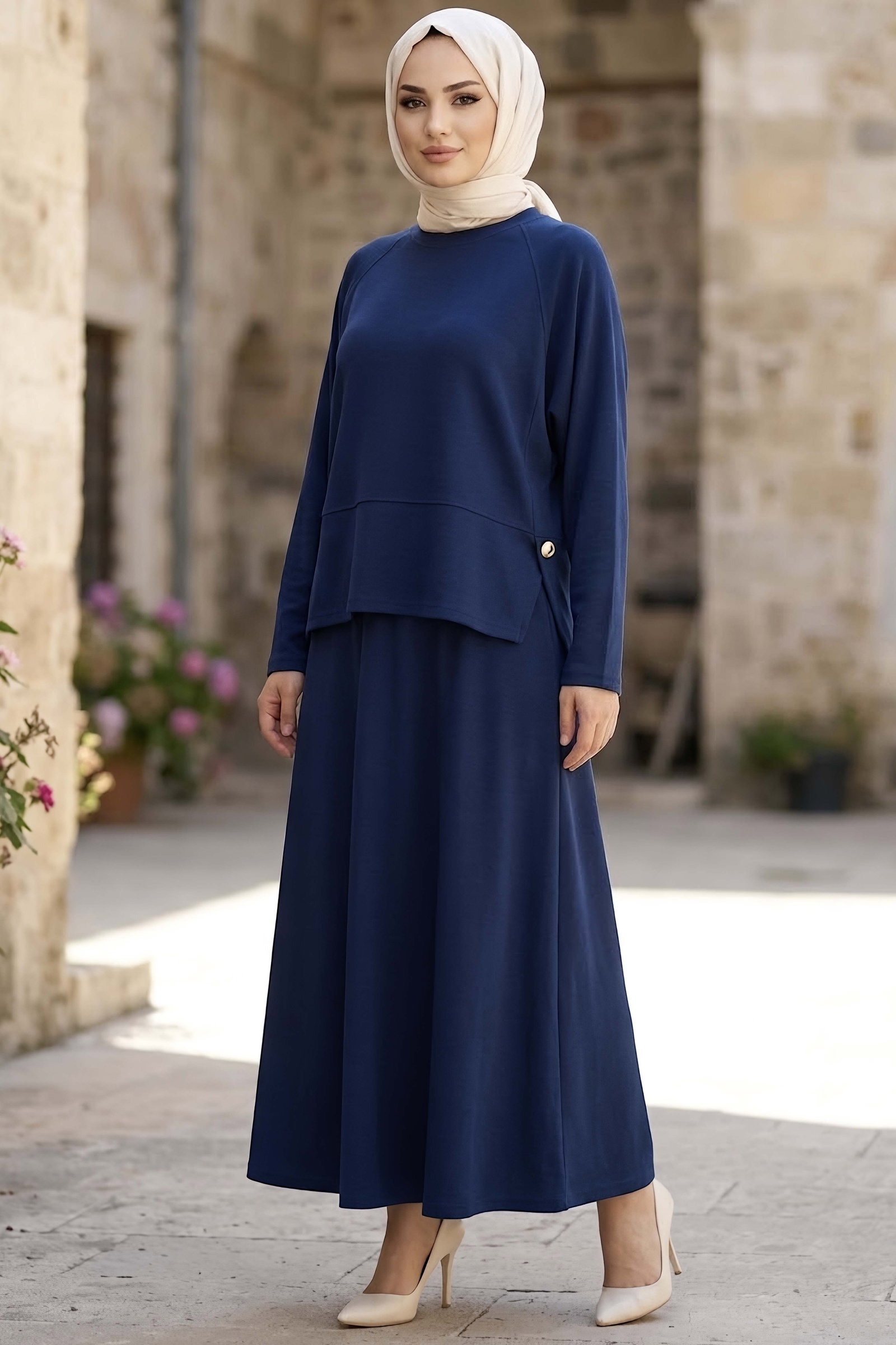 Yanları Yırtmaç Düğme Detaylı Oysh Modal Takım Lacivert - CK1356-LACIVERT - 2