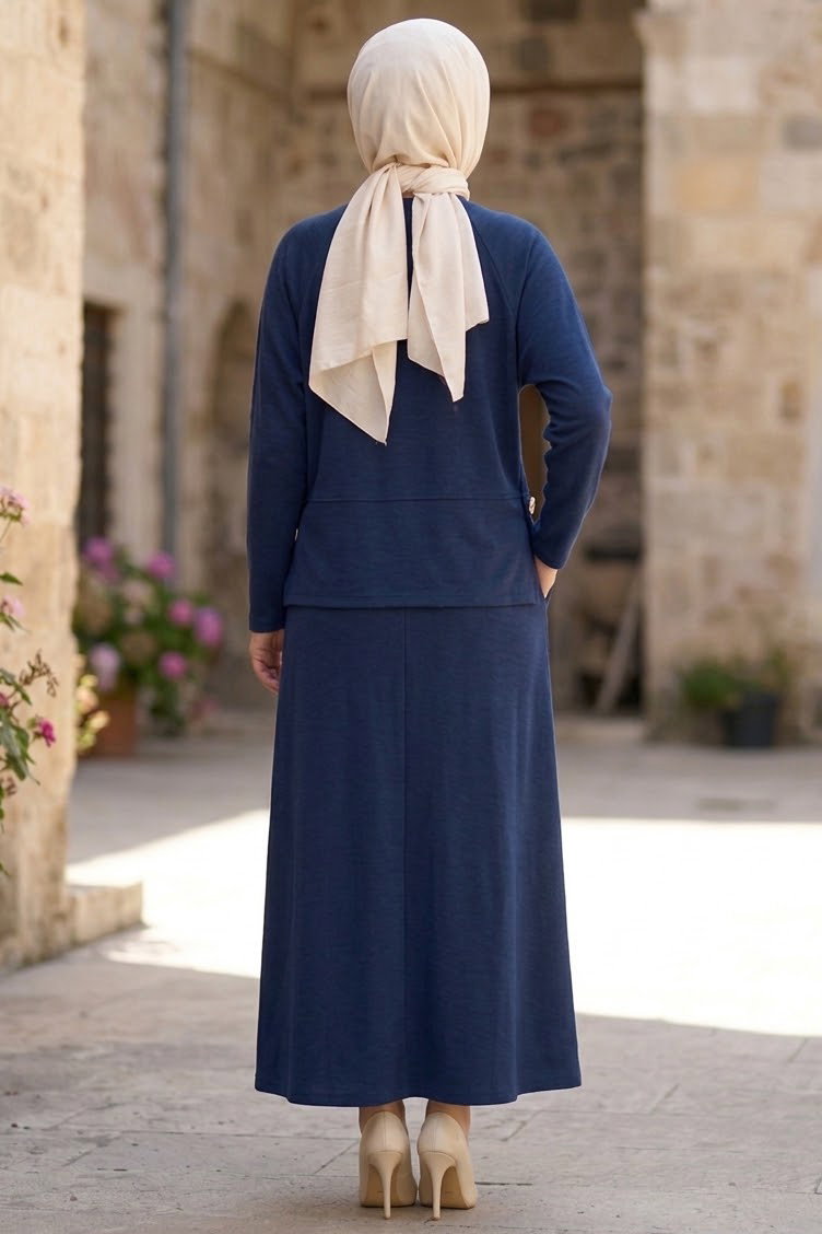 Yanları Yırtmaç Düğme Detaylı Oysh Modal Takım Lacivert - CK1356-LACIVERT - 3