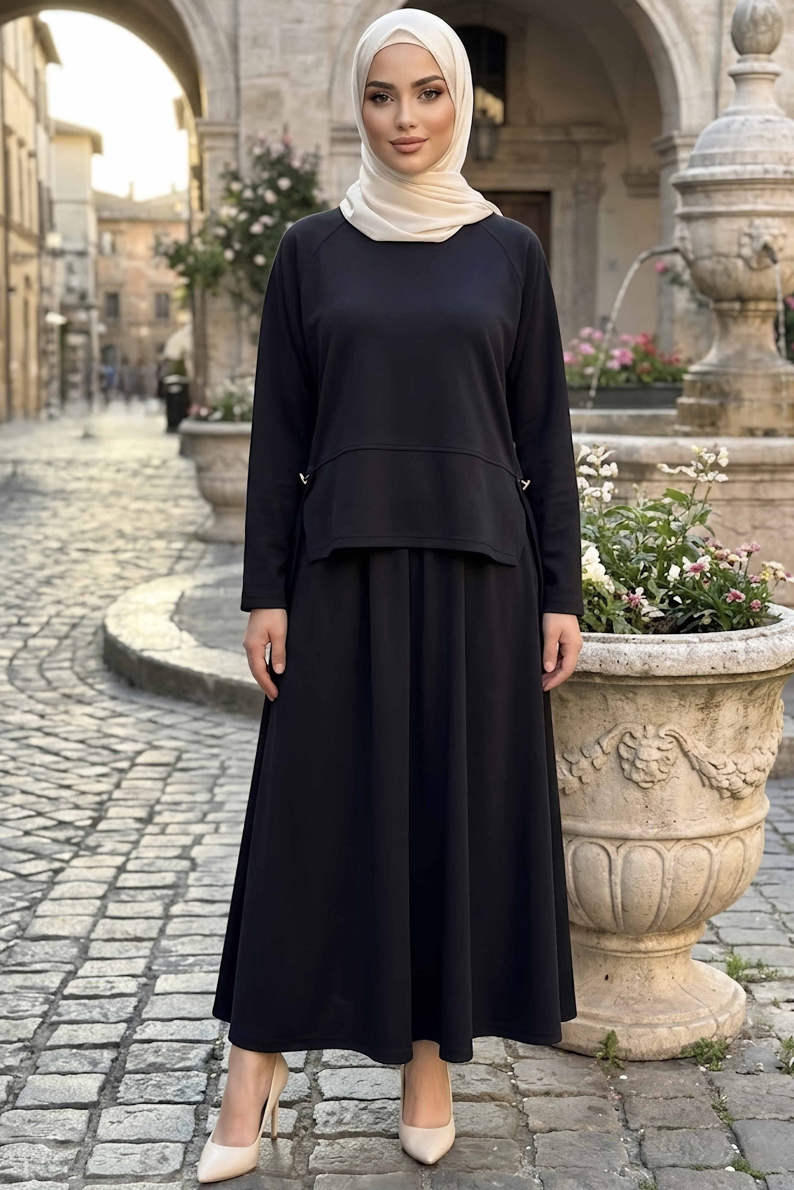 Yanları Yırtmaç Düğme Detaylı Oysh Modal Takım Siyah - CK1356-SIYAH - 1