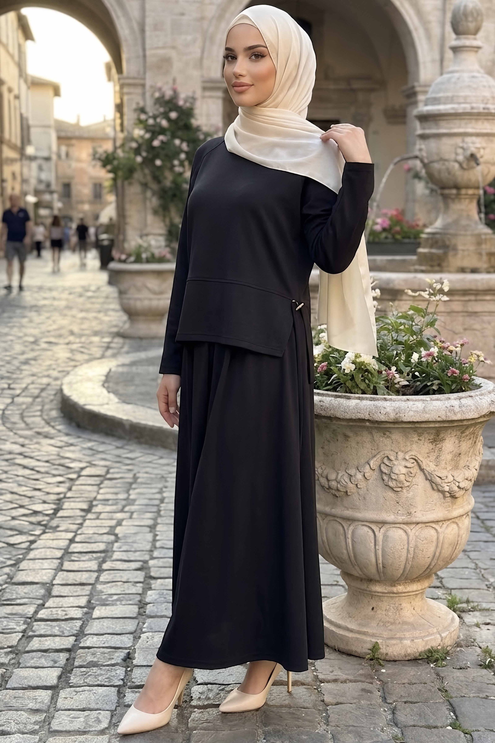 Yanları Yırtmaç Düğme Detaylı Oysh Modal Takım Siyah - CK1356-SIYAH - 2