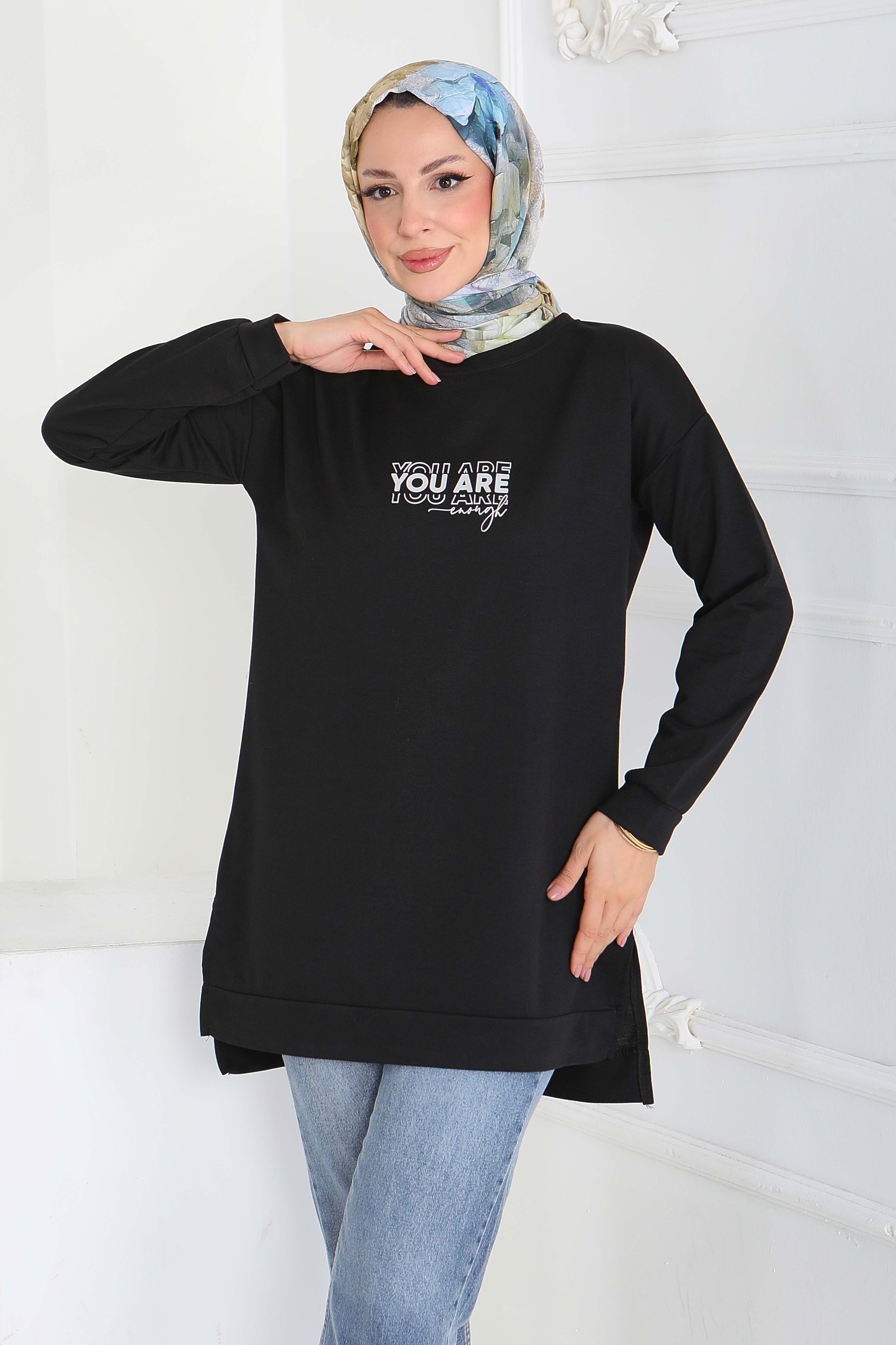 Yanları Yırtmaçlı Baskı Detaylı Modal Tunik - 27921-SIYAH - 1