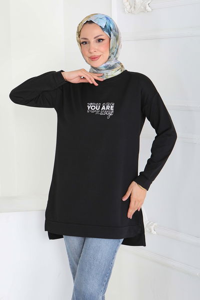 Yanları Yırtmaçlı Baskı Detaylı Modal Tunik - 27921-SIYAH 