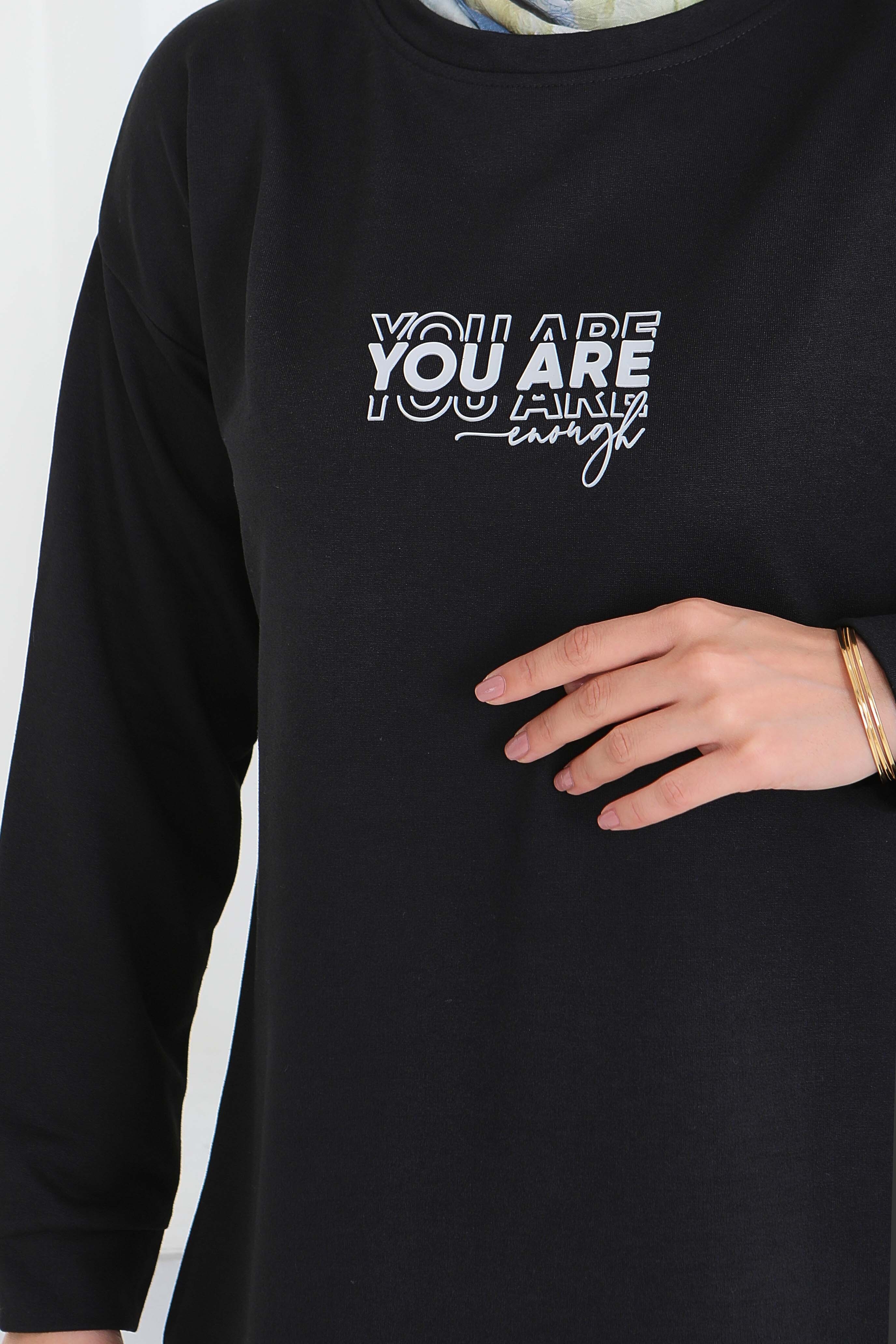 Yanları Yırtmaçlı Baskı Detaylı Modal Tunik - 27921-SIYAH - 3