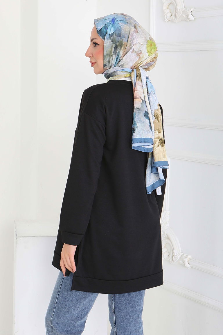 Yanları Yırtmaçlı Baskı Detaylı Modal Tunik - 27921-SIYAH - TOFİSA