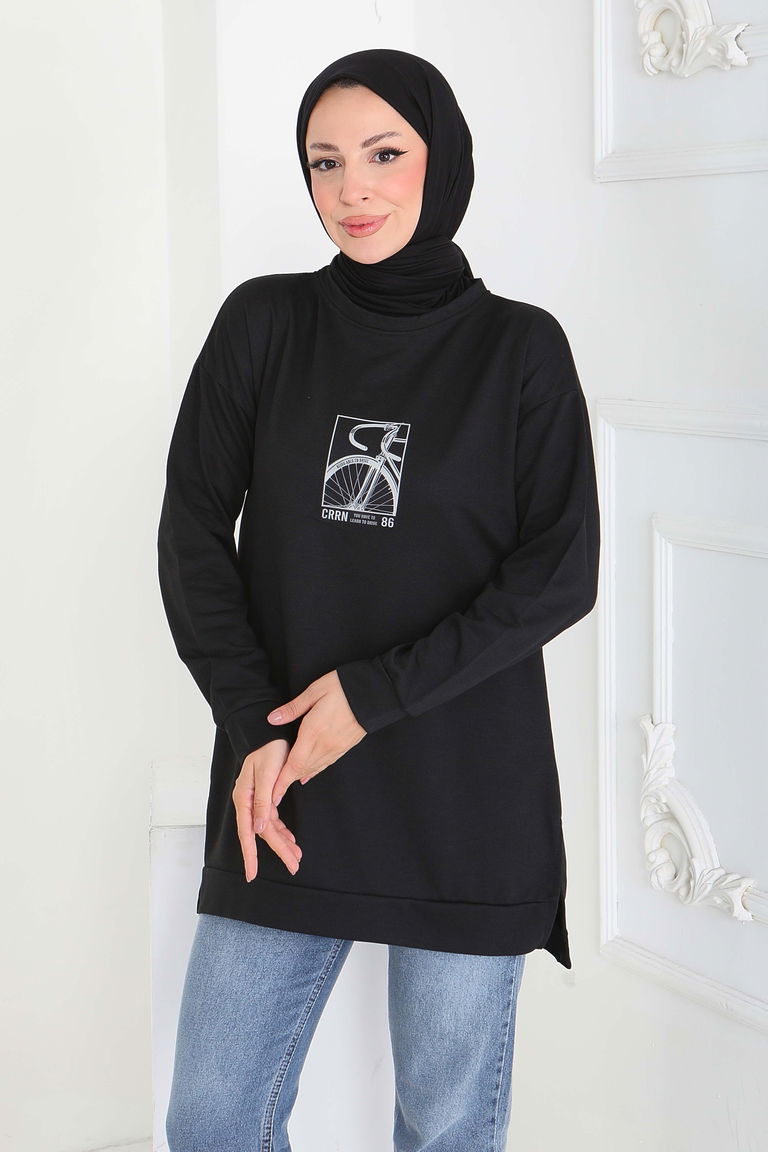 Yanları Yırtmaçlı Baskı Detaylı Modal Tunik - 27922-SIYAH - TOFİSA