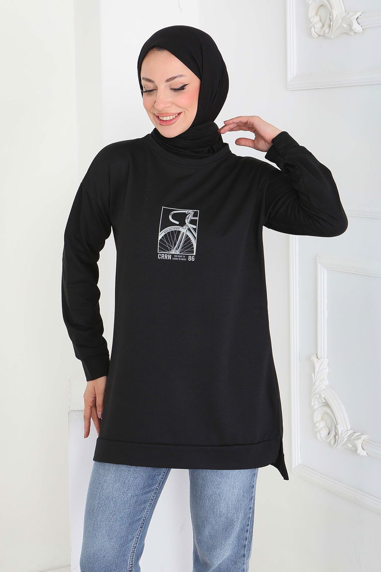 Yanları Yırtmaçlı Baskı Detaylı Modal Tunik - 27922-SIYAH - TOFİSA