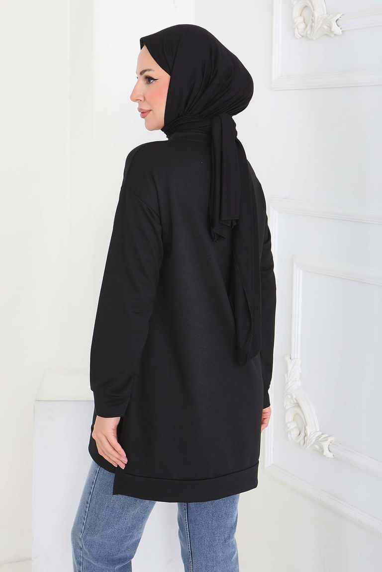 Yanları Yırtmaçlı Baskı Detaylı Modal Tunik - 27922-SIYAH - TOFİSA