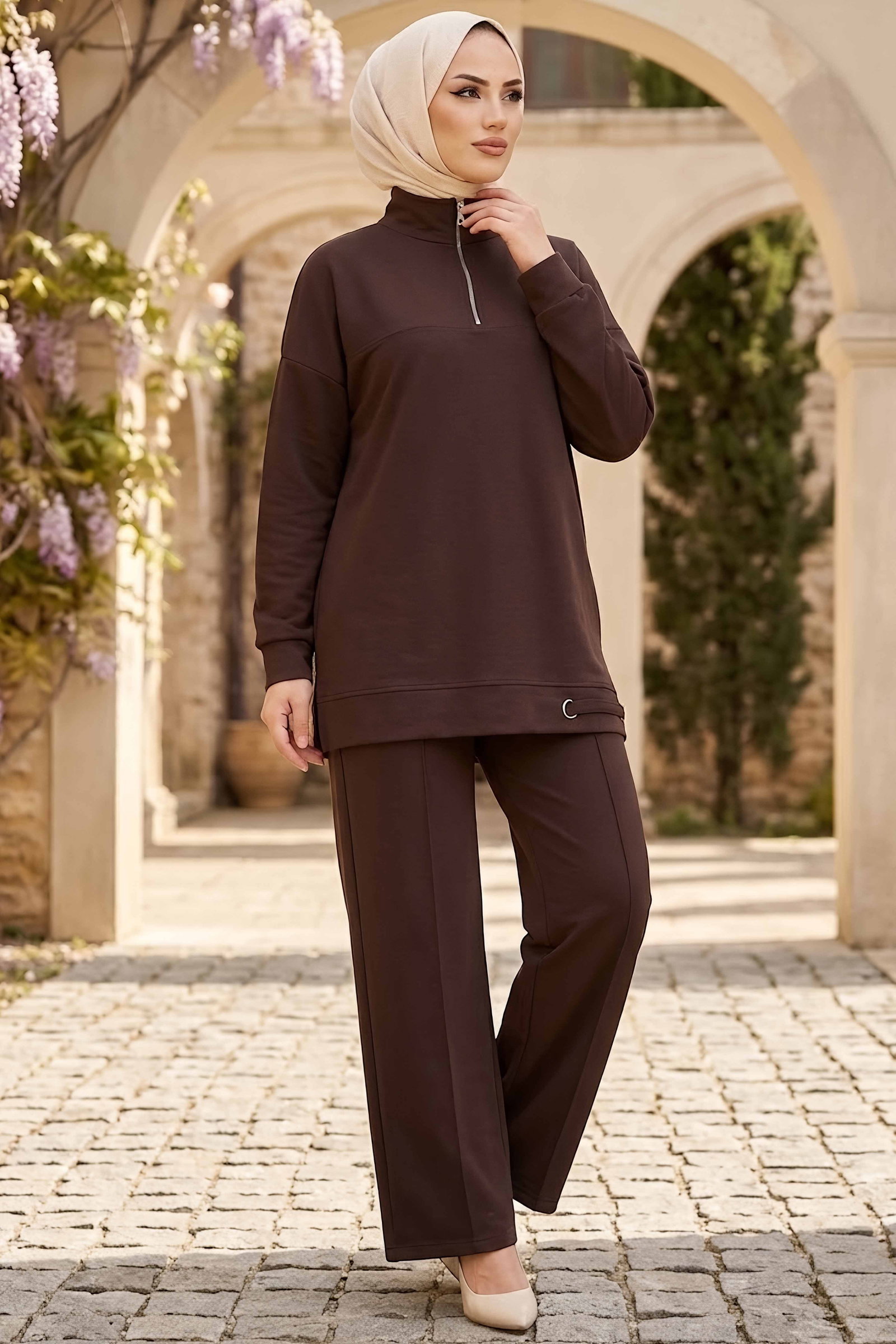 Yarım Fermuarlı Oysh Modal Takım Kahve - 28966-KAHVE - 1