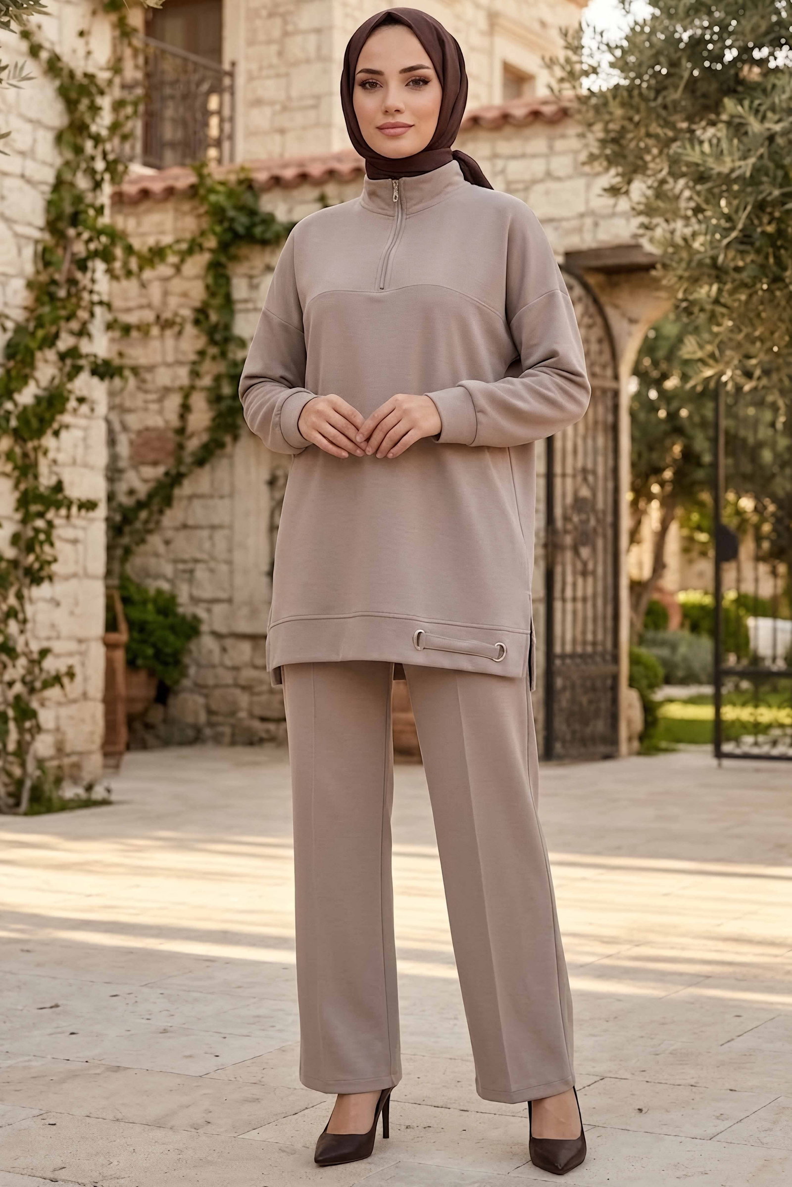 Yarım Fermuarlı Oysh Modal Takım Krem - 28966-KREM - 1