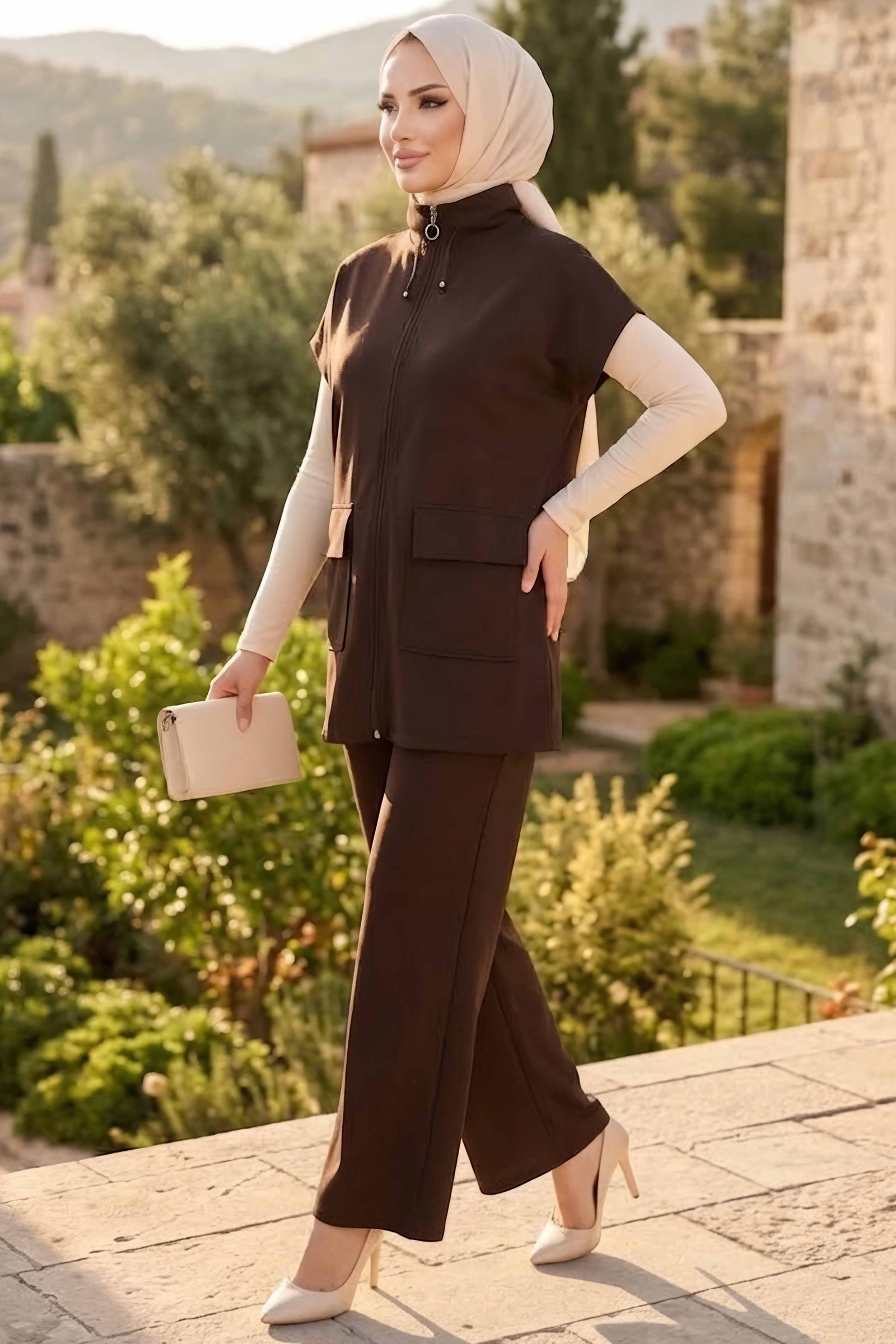Yelek Cepli Oysh Modal Takım Kahve - 28969-KAHVE - 2