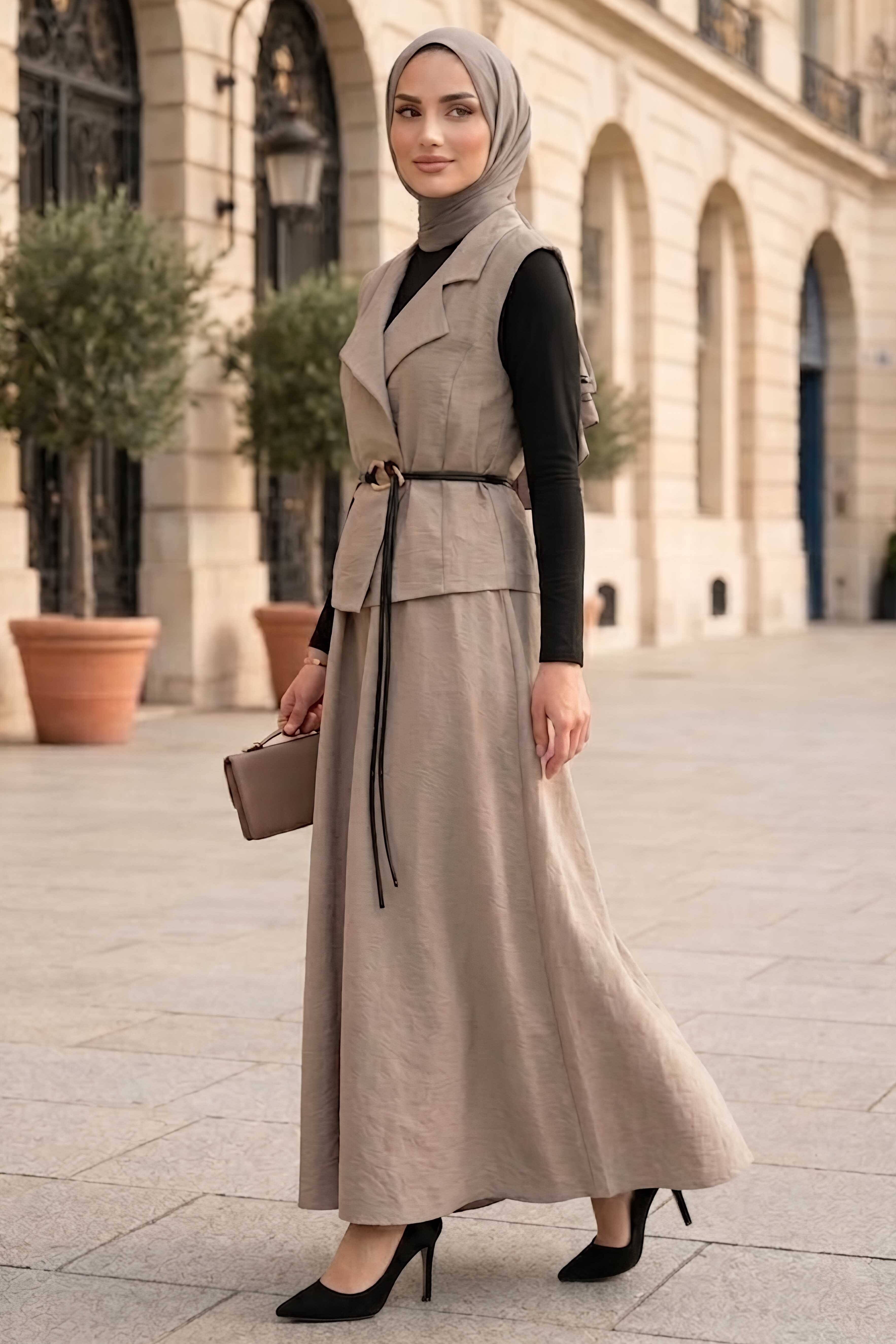 Yelekli Kemerli İkili Takım Krem - 28528-KREM - 1