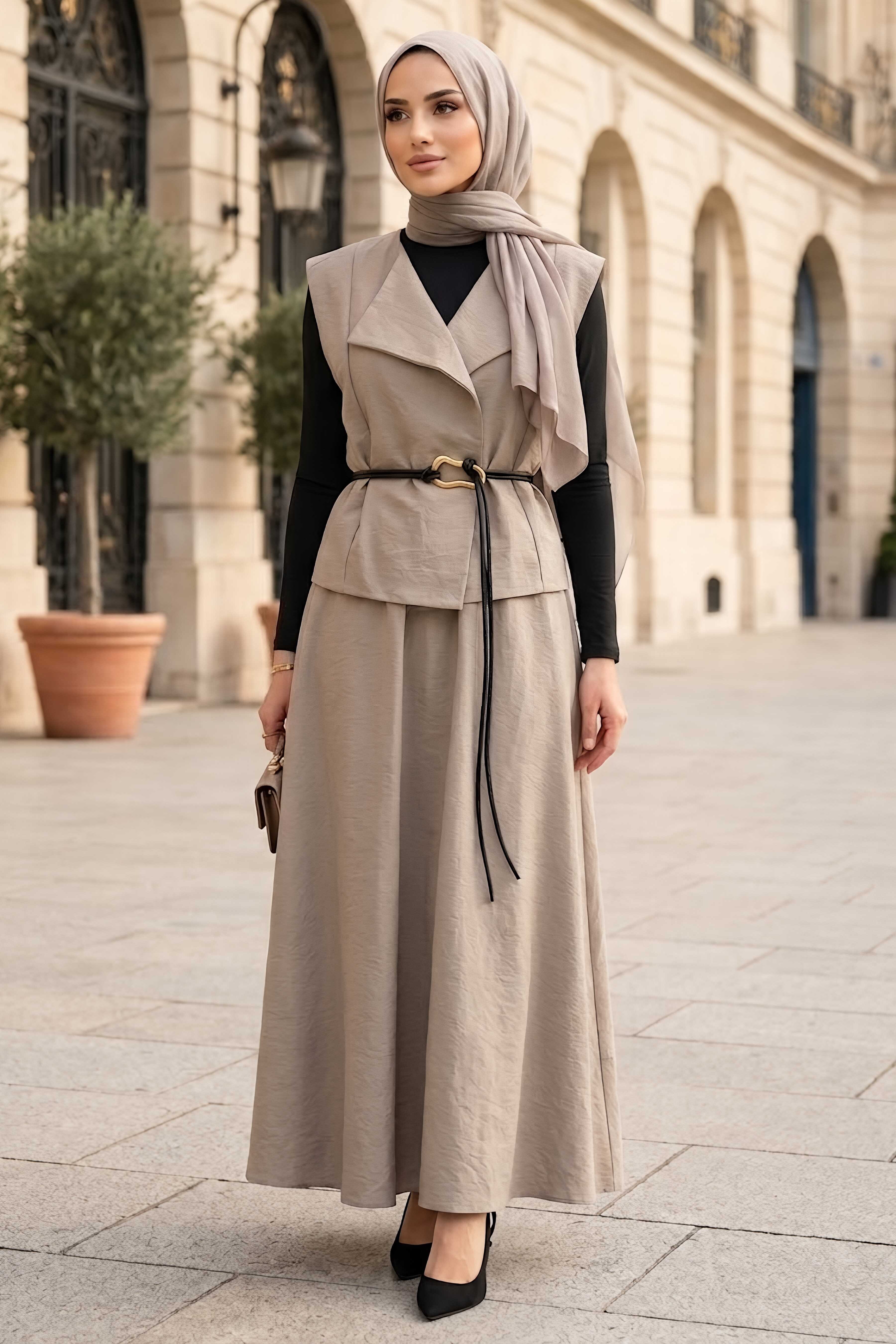 Yelekli Kemerli İkili Takım Krem - 28528-KREM - 2