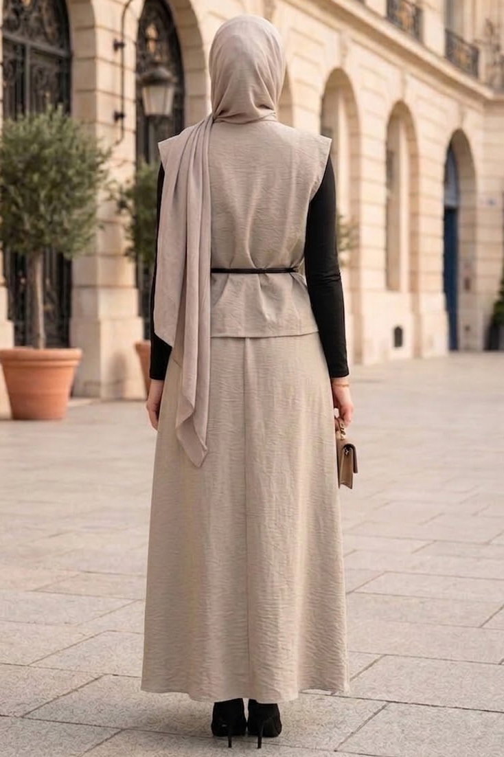 Yelekli Kemerli İkili Takım Krem - 28528-KREM - 3