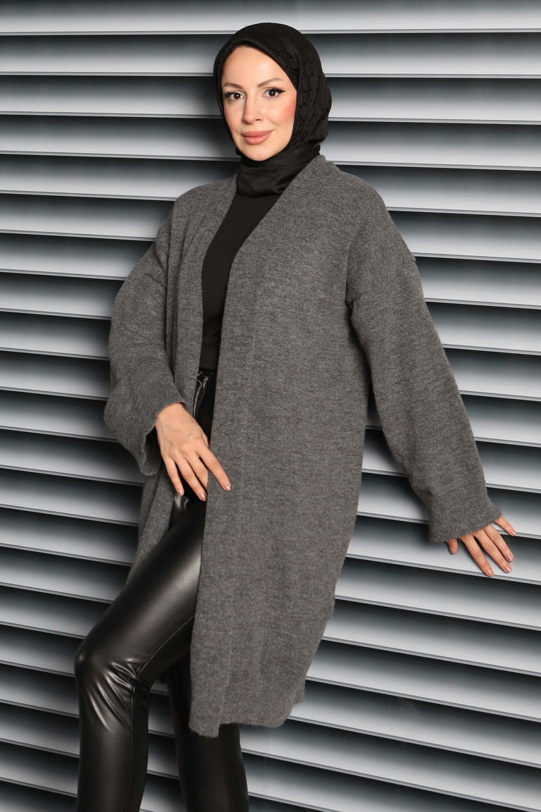 Yıkamalı Triko Hırka - 27836-ANTRASIT - TOFİSA