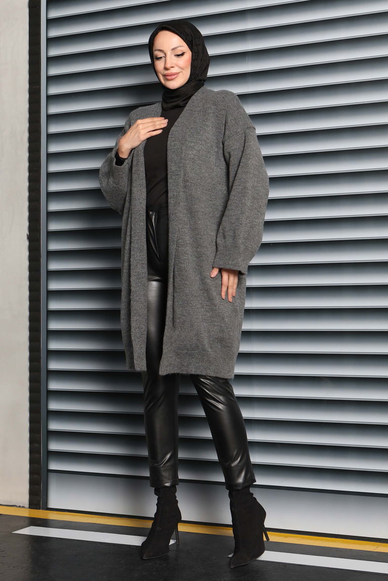 Yıkamalı Triko Hırka - 27836-ANTRASIT - TOFİSA