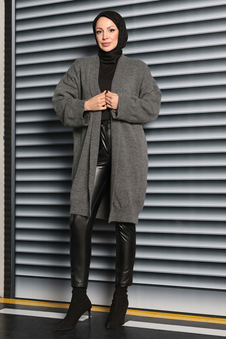 Yıkamalı Triko Hırka - 27836-ANTRASIT - TOFİSA