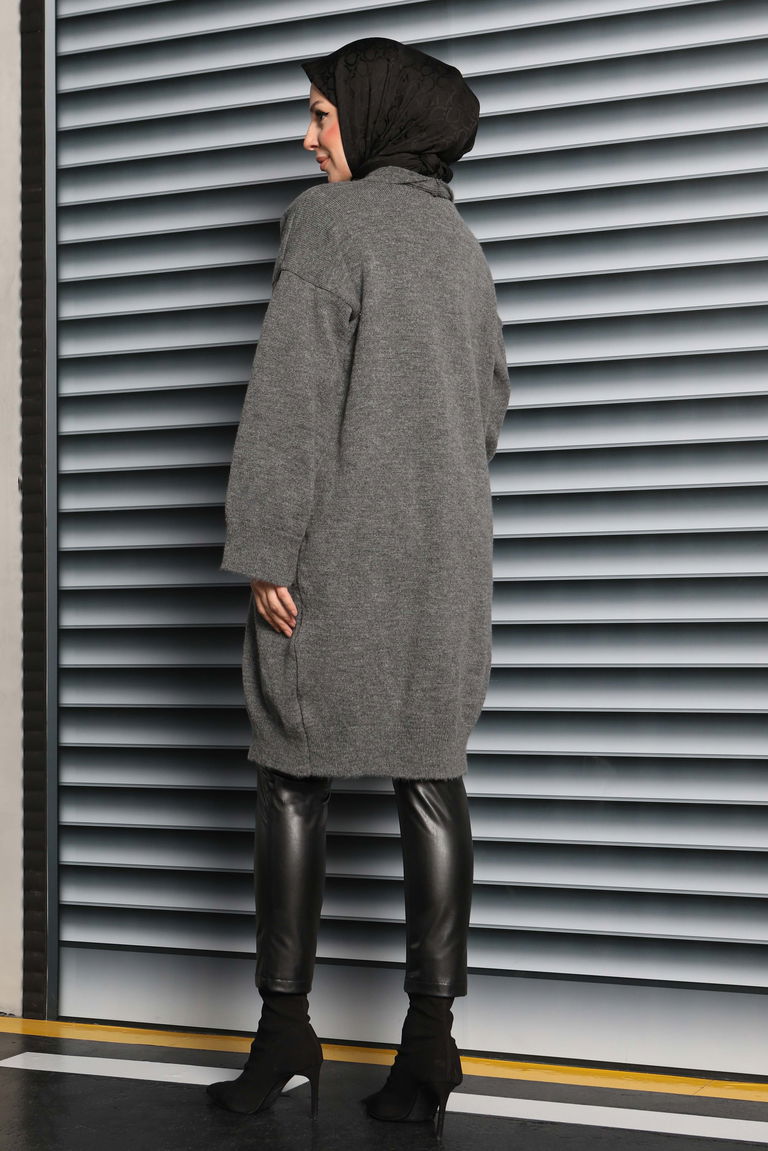 Yıkamalı Triko Hırka - 27836-ANTRASIT - TOFİSA