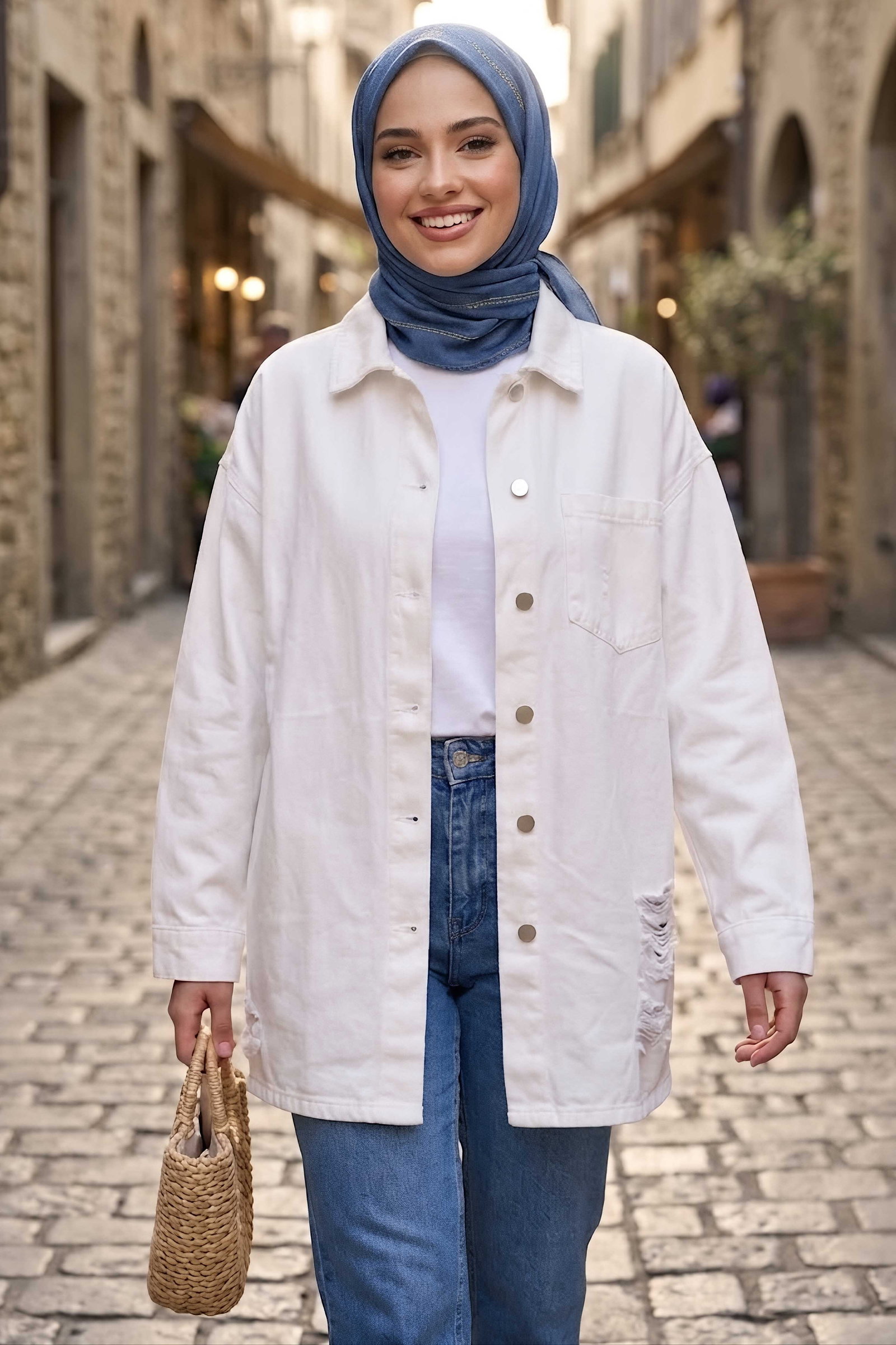 Yırtık Uzun Oversize Kot Ceket Beyaz - 29032-BEYAZ - 1