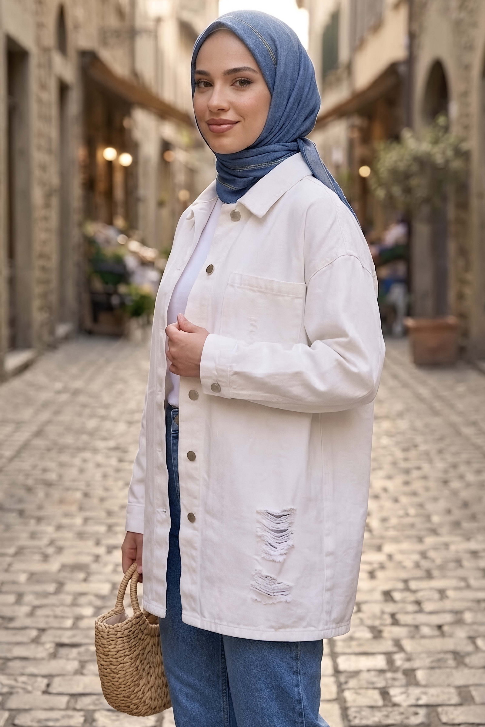 Yırtık Uzun Oversize Kot Ceket Beyaz - 29032-BEYAZ - 2
