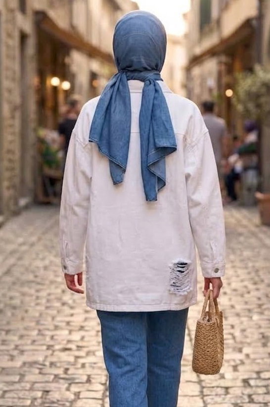 Yırtık Uzun Oversize Kot Ceket Beyaz - 29032-BEYAZ - 3