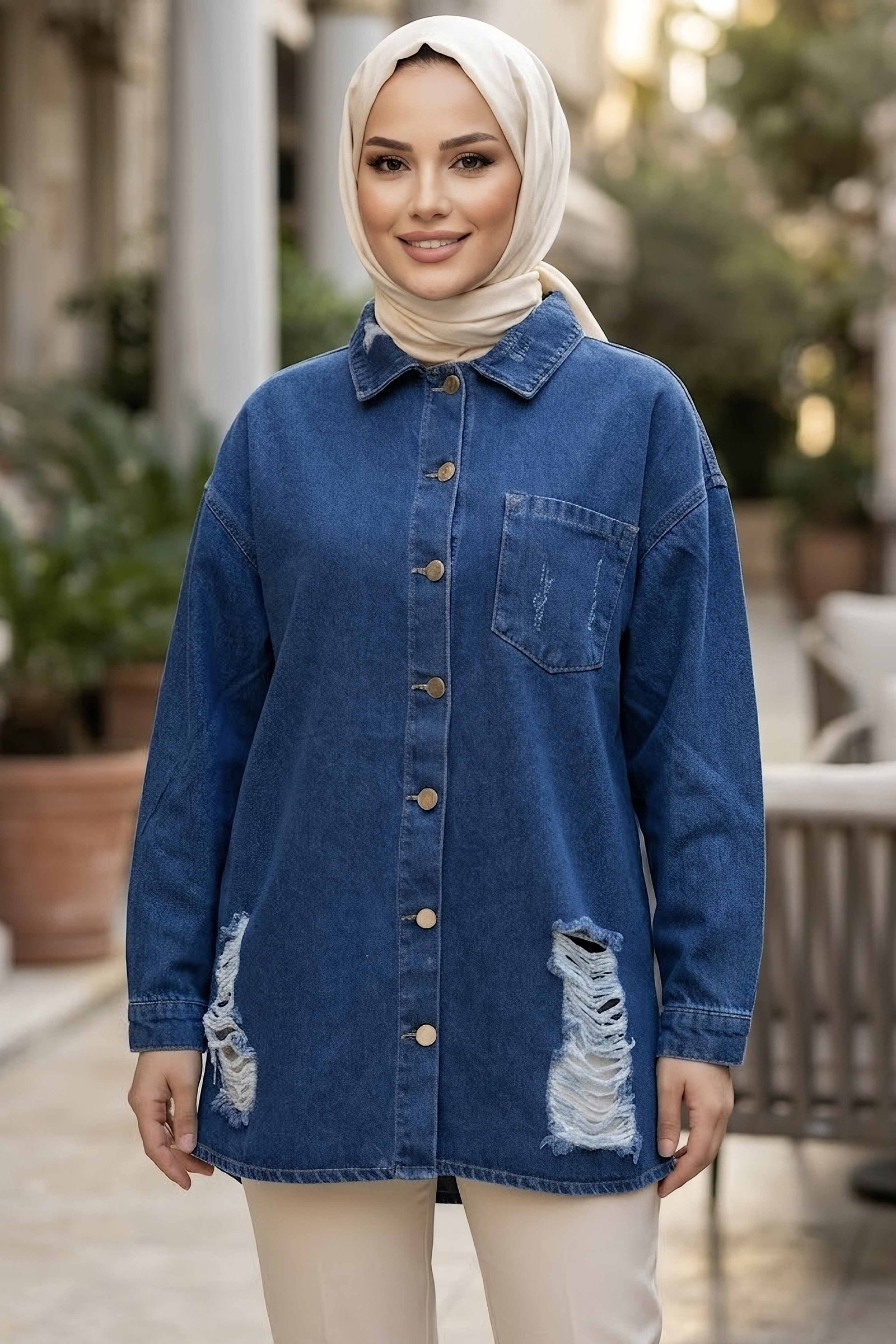 Yırtık Uzun Oversize Kot Ceket Mavi - 29032-MAVI - 1