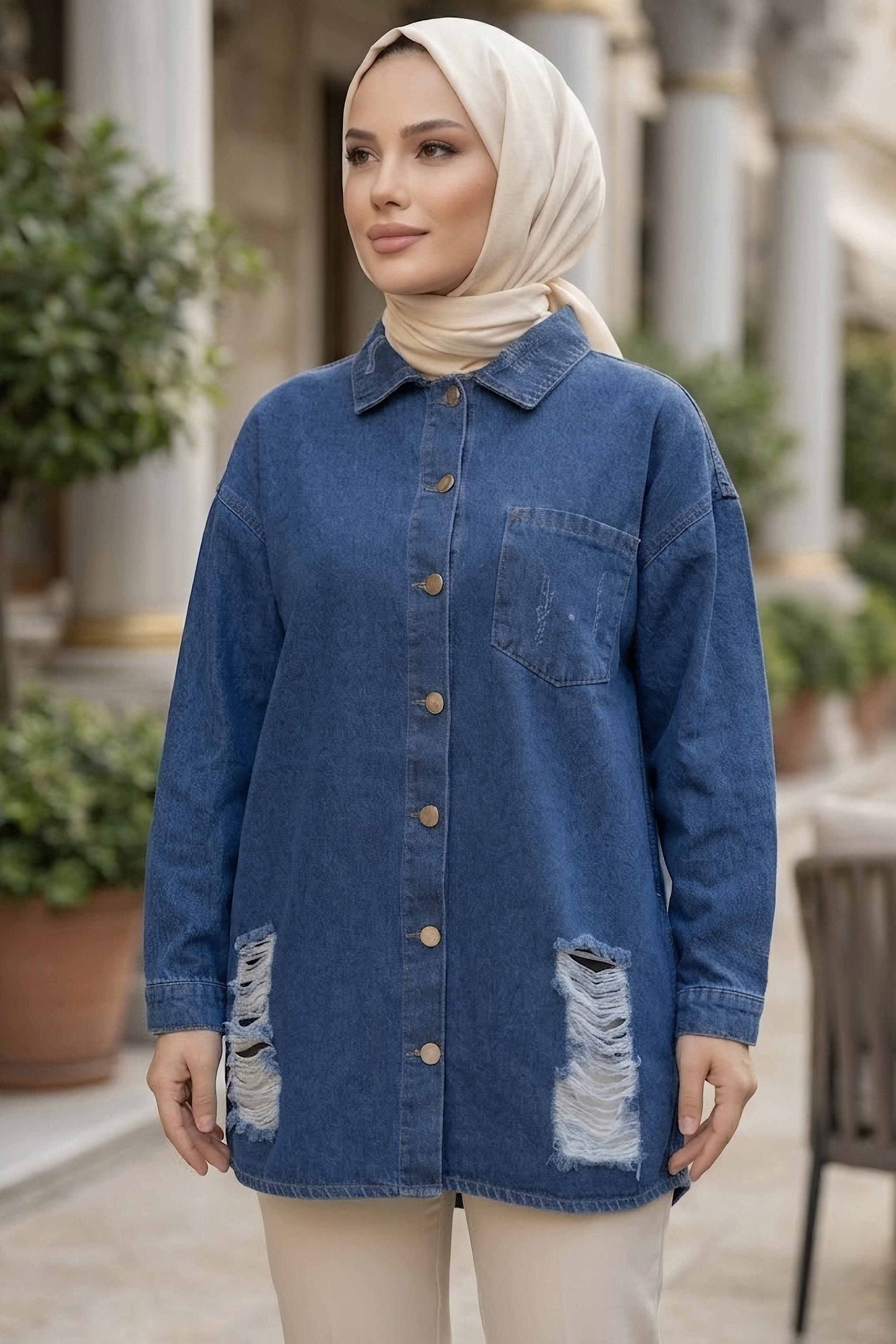 Yırtık Uzun Oversize Kot Ceket Mavi - 29032-MAVI - 2