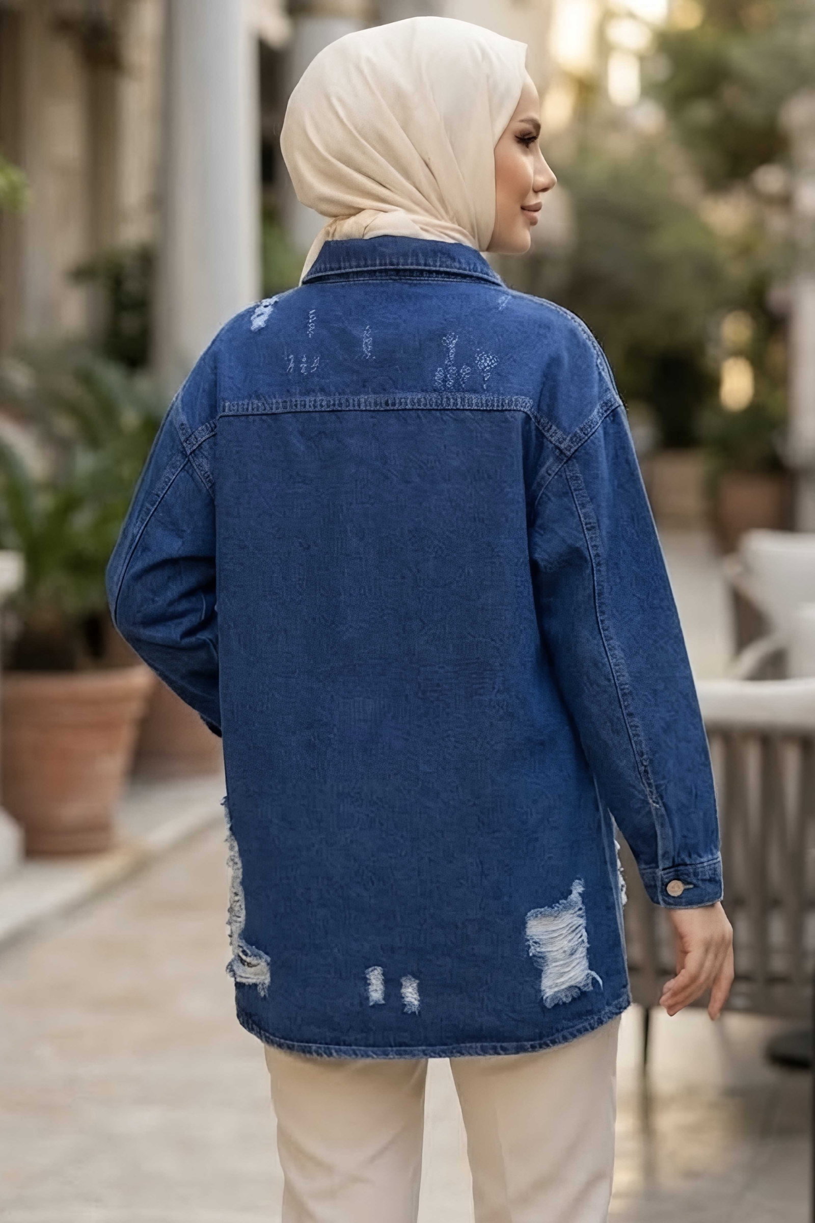 Yırtık Uzun Oversize Kot Ceket Mavi - 29032-MAVI - 3