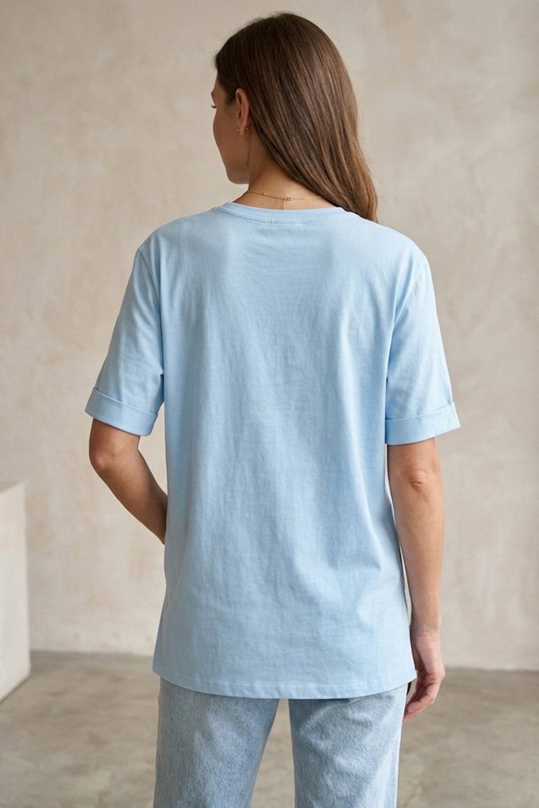 Yırtmaçlı Baskılı Kısa Kollu Tunik - 1313-BEBE-MAVI - 4