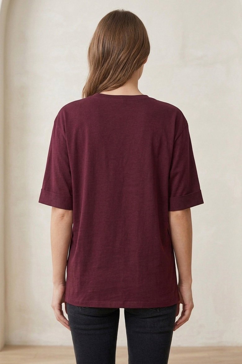 Yırtmaçlı Baskılı Kısa Kollu Tunik - 1313-BORDO - 3