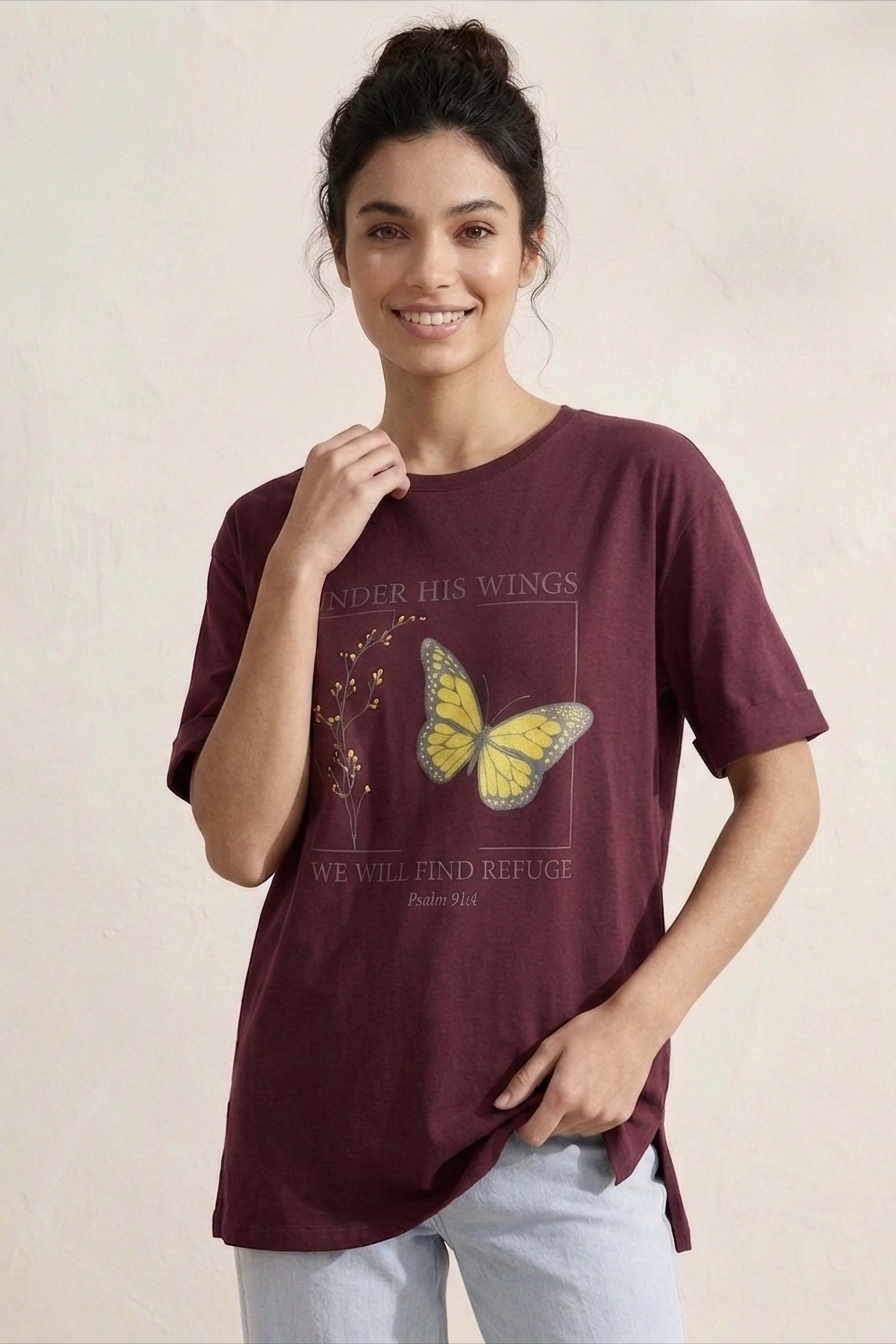 Yırtmaçlı Baskılı Kısa Kollu Tunik - 1314-BORDO - 2