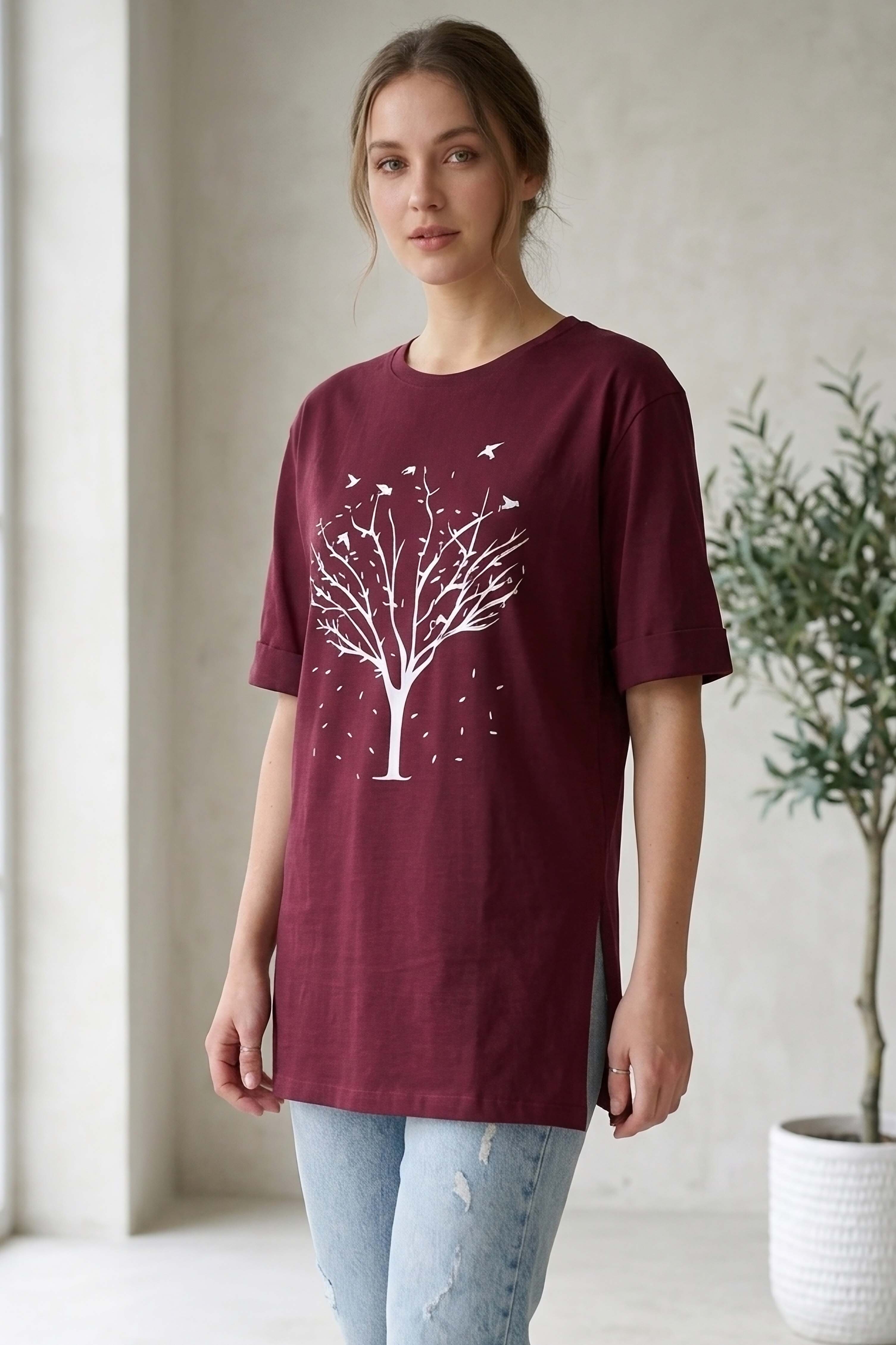 Yırtmaçlı Baskılı Kısa Kollu Tunik - 1315-BORDO - 1