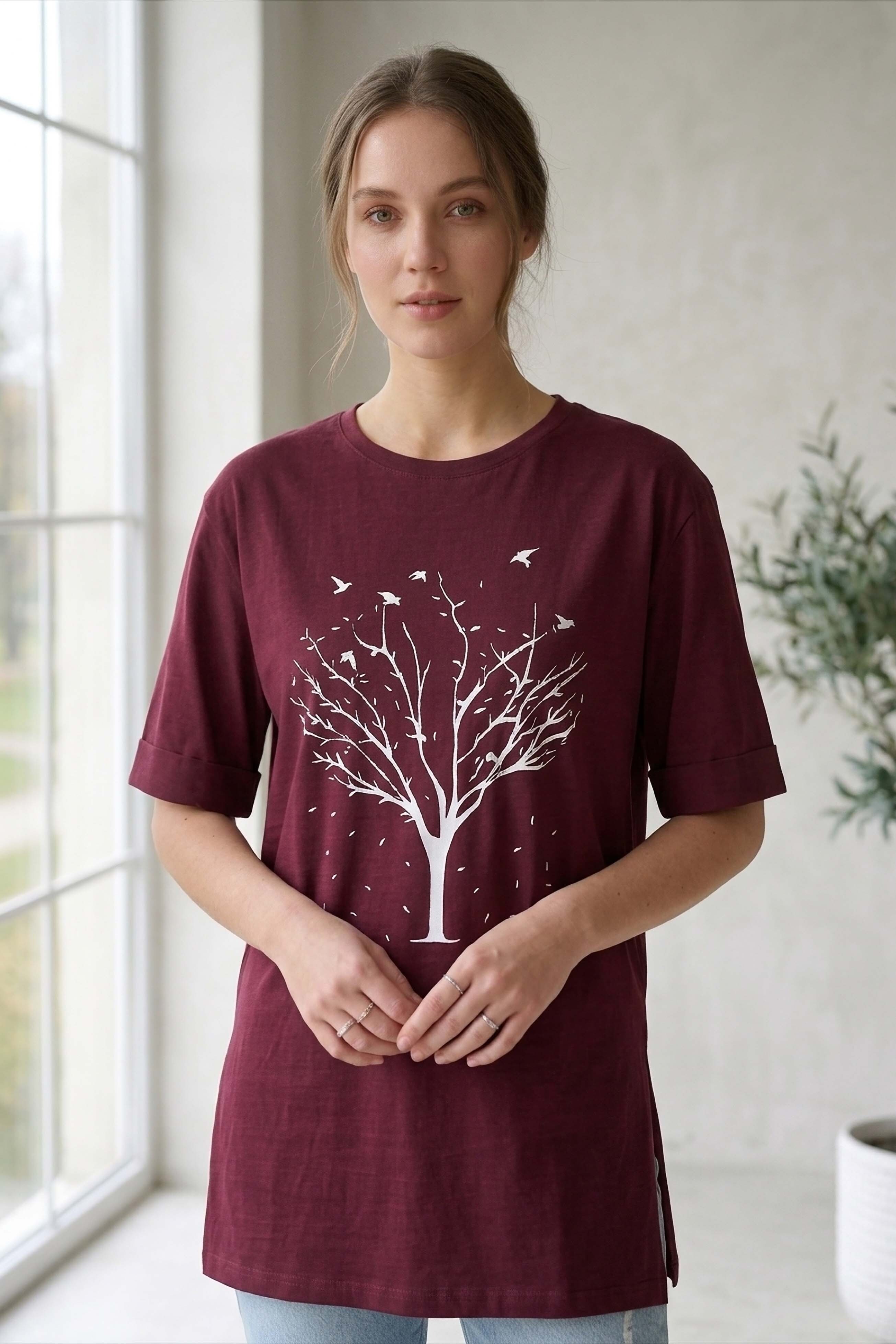 Yırtmaçlı Baskılı Kısa Kollu Tunik - 1315-BORDO - 2