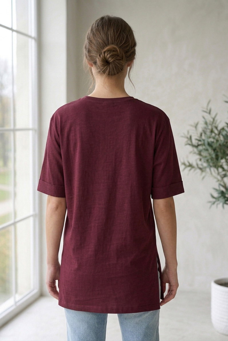 Yırtmaçlı Baskılı Kısa Kollu Tunik - 1315-BORDO - 3