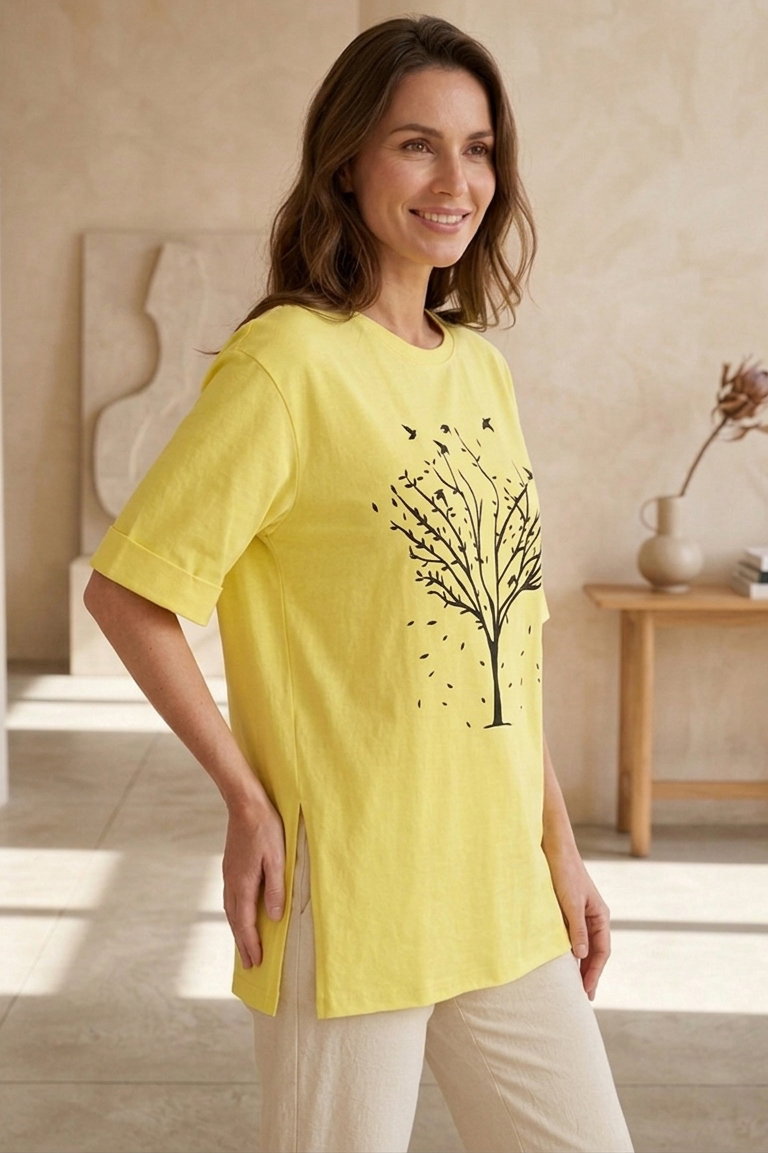 Yırtmaçlı Baskılı Kısa Kollu Tunik - 1315-SARI - 2