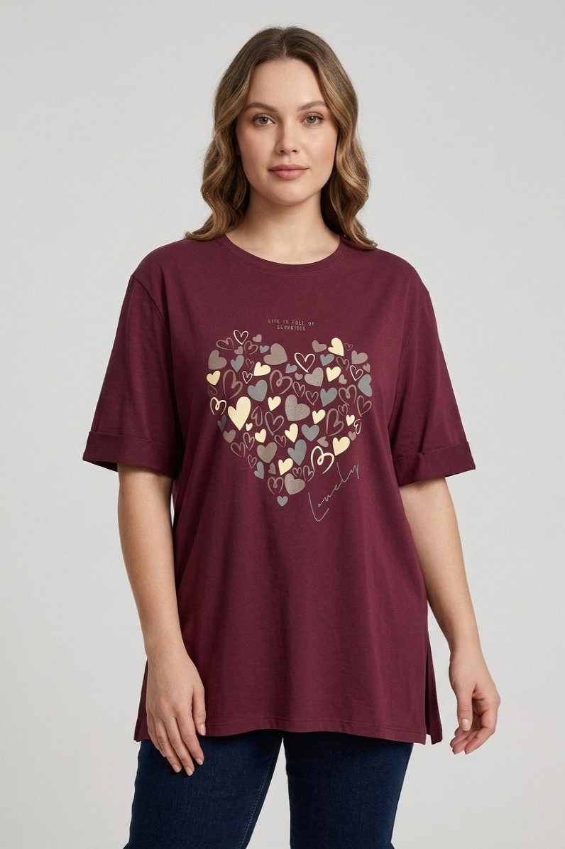 Yırtmaçlı Baskılı Kısa Kollu Tunik Bordo - 1321-BORDO - 1