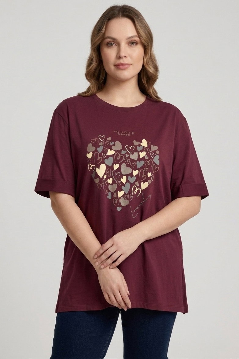 Yırtmaçlı Baskılı Kısa Kollu Tunik Bordo - 1321-BORDO - 2
