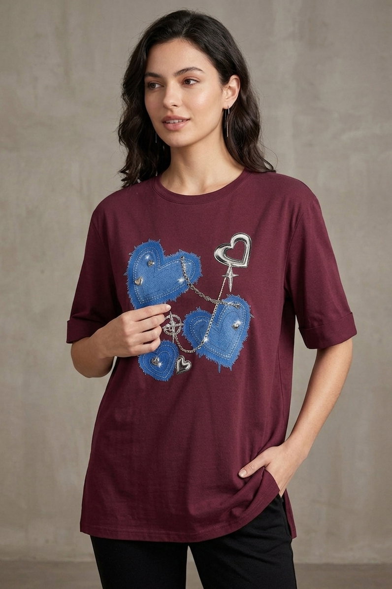 Yırtmaçlı Baskılı Kısa Kollu Tunik Bordo - 1322-BORDO - 1