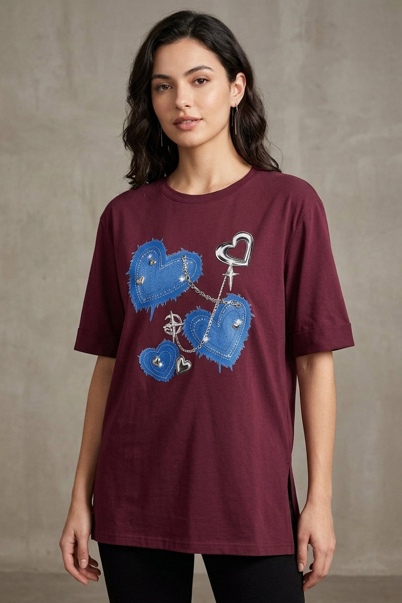 Yırtmaçlı Baskılı Kısa Kollu Tunik Bordo - 1322-BORDO - 2