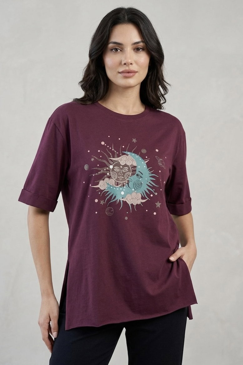 Yırtmaçlı Baskılı Kısa Kollu Tunik Bordo - 1323-BORDO - 1