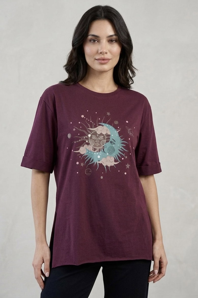 Yırtmaçlı Baskılı Kısa Kollu Tunik Bordo - 1323-BORDO - 2