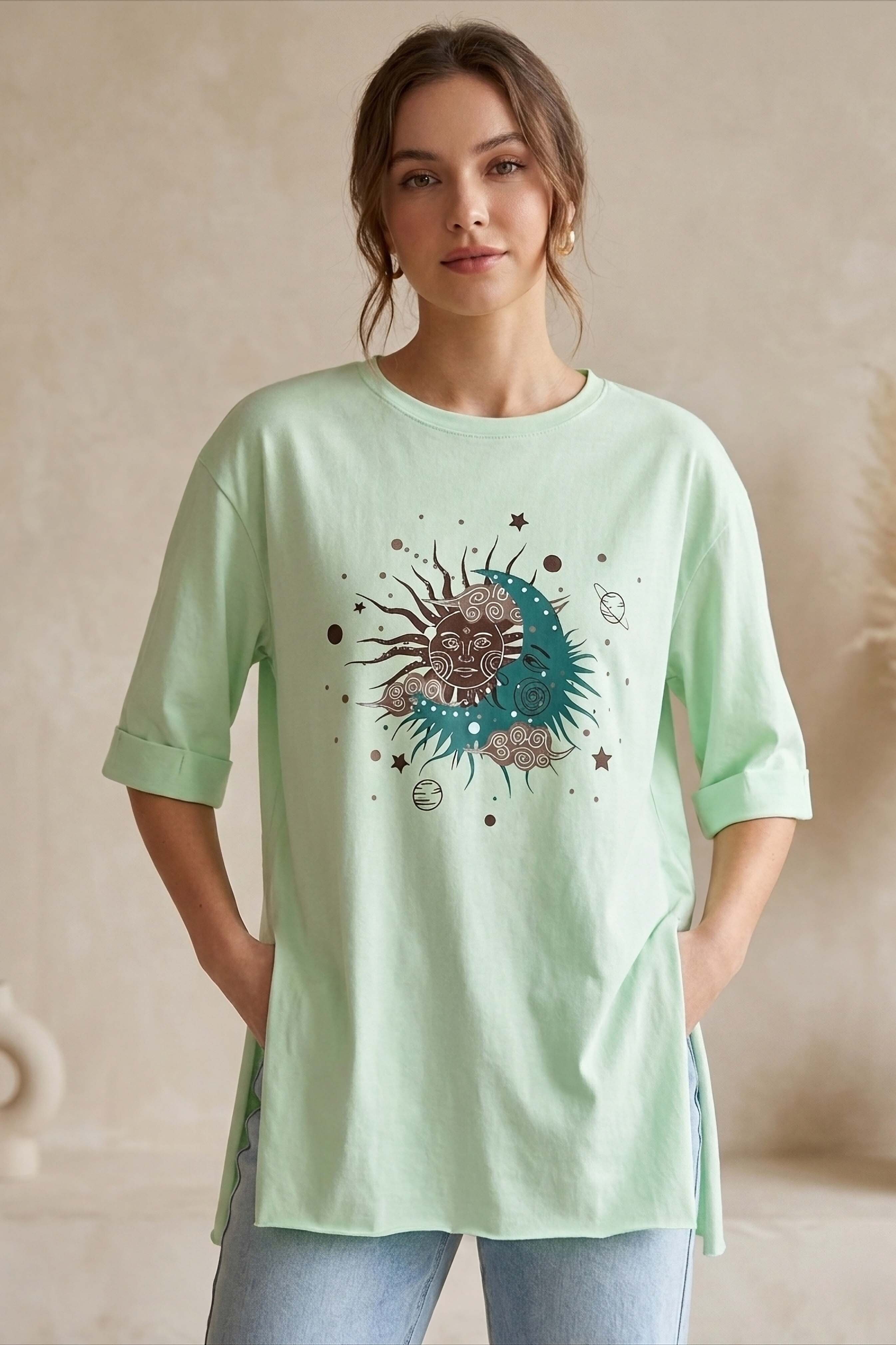 Yırtmaçlı Baskılı Kısa Kollu Tunik Mint - 1323-MINT - 1